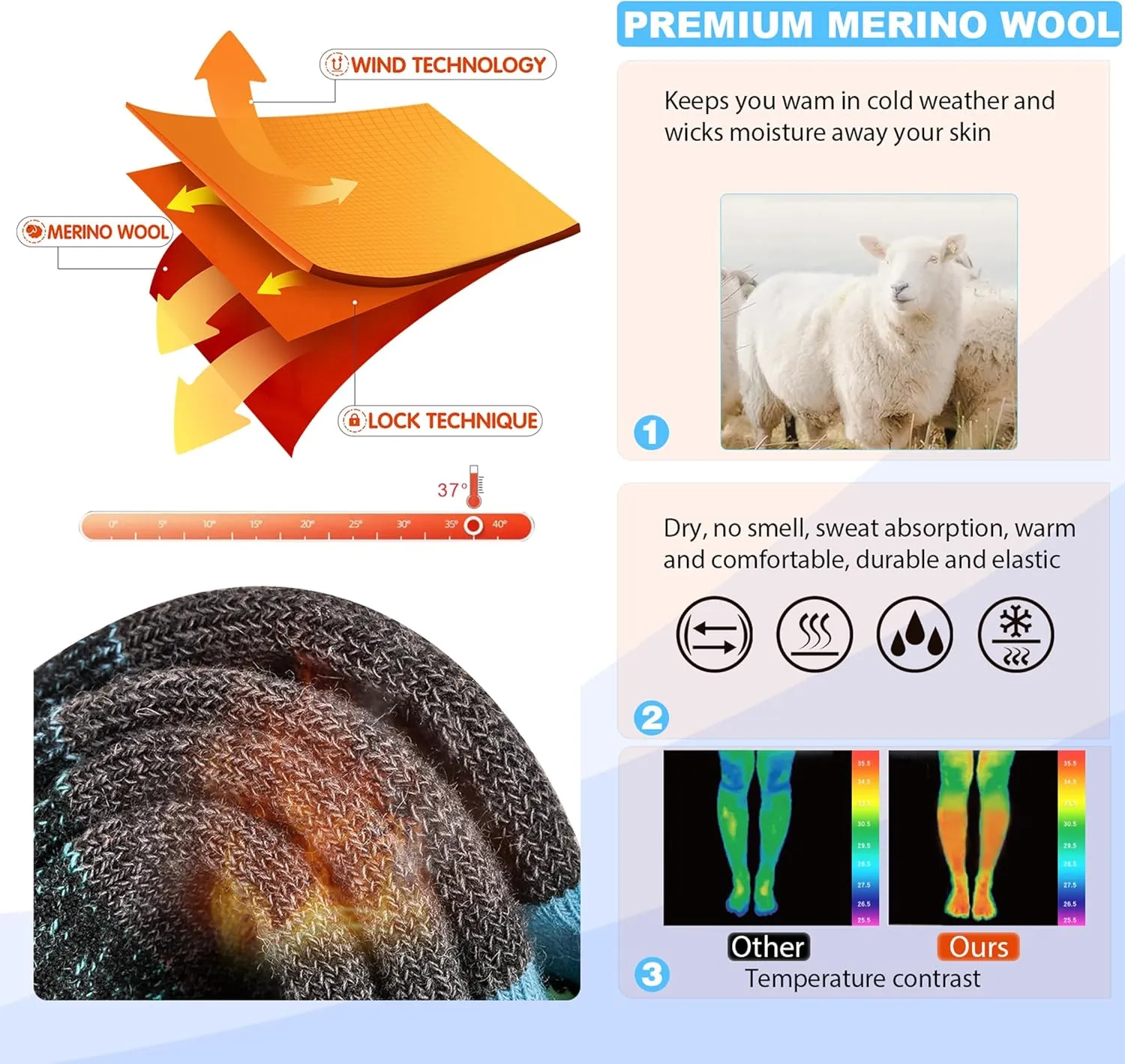 Hylaea Merino Wool Ski Socks, Cold Weather Socks for Snowboarding, Snow, Winter, Thermal Knee-high Warm Socks, Hunting