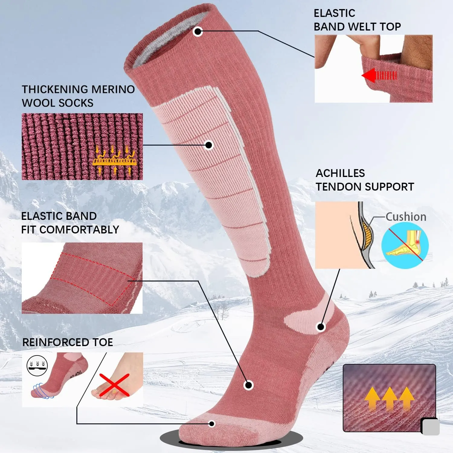 Hylaea Merino Wool Ski Socks, Cold Weather Socks for Snowboarding, Snow, Winter, Thermal Knee-high Warm Socks, Hunting