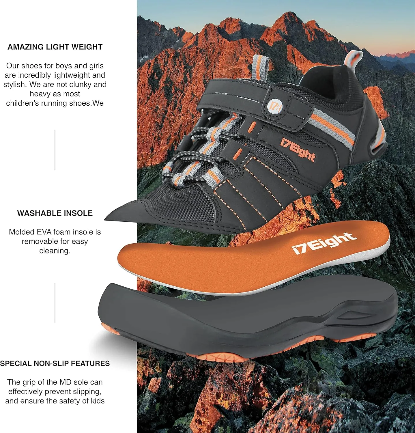 i78 Low Top Kids Boys Sports Hiking Shoes Breathable Synthetic Leather Sneakers Non-Slip Lightweight for Outdoor Running Trekking Trail Walking