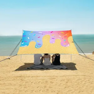 Ice Cream with Gradient Color Beach Canopy Tent Anti-UV & Wind Resistant, Camping Sun Shelter Easy Setup Portable,Outdoor Shade Tents with Sandbags,Sand Shovels,Ground Pegs & Stability Poles