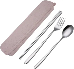 IMIKEYA Stainless Steel Tableware Set Portable Cutlery Kit with Box for Travel Picnic Camping and Daily Use Includes Fork Spoon and Chopsticks Mirror Polished Finish