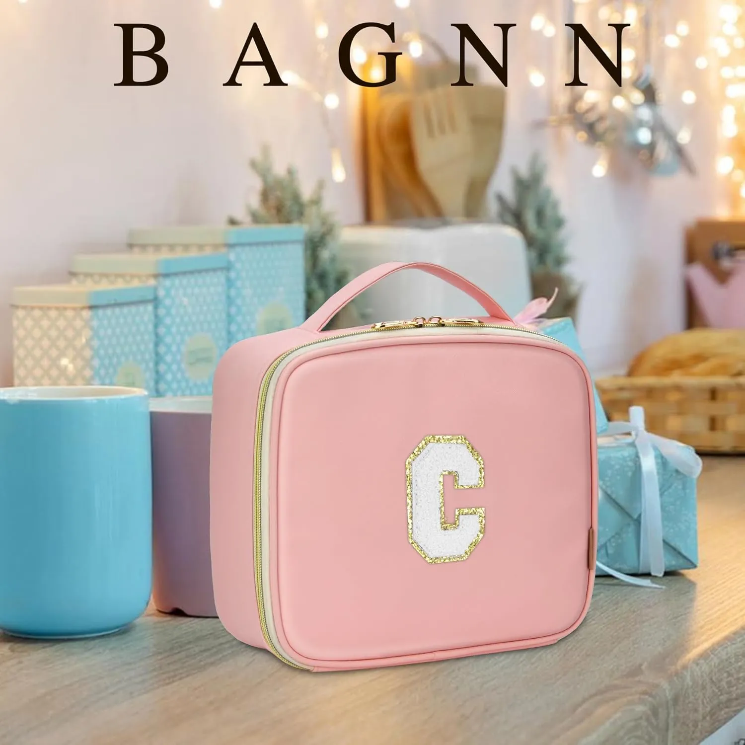 Initials Travel Makeup Case Birthday Mothers Day Gifts for Women, Personalized Makeup Cosmetic Train Case Organizer with Adjustable Dividers, Makeup Organizer Bag for Make up Brushes, Pink, G.