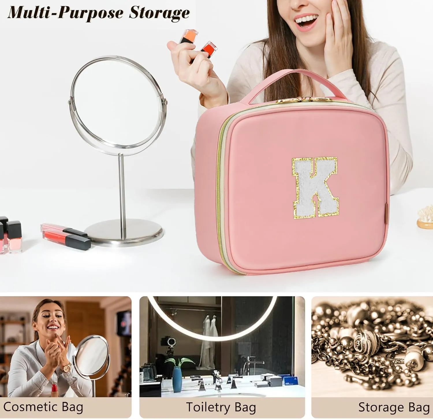 Initials Travel Makeup Case Birthday Mothers Day Gifts for Women, Personalized Makeup Cosmetic Train Case Organizer with Adjustable Dividers, Makeup Organizer Bag for Make up Brushes, Pink, G.