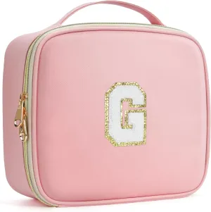 Initials Travel Makeup Case Birthday Mothers Day Gifts for Women, Personalized Makeup Cosmetic Train Case Organizer with Adjustable Dividers, Makeup Organizer Bag for Make up Brushes, Pink, G.