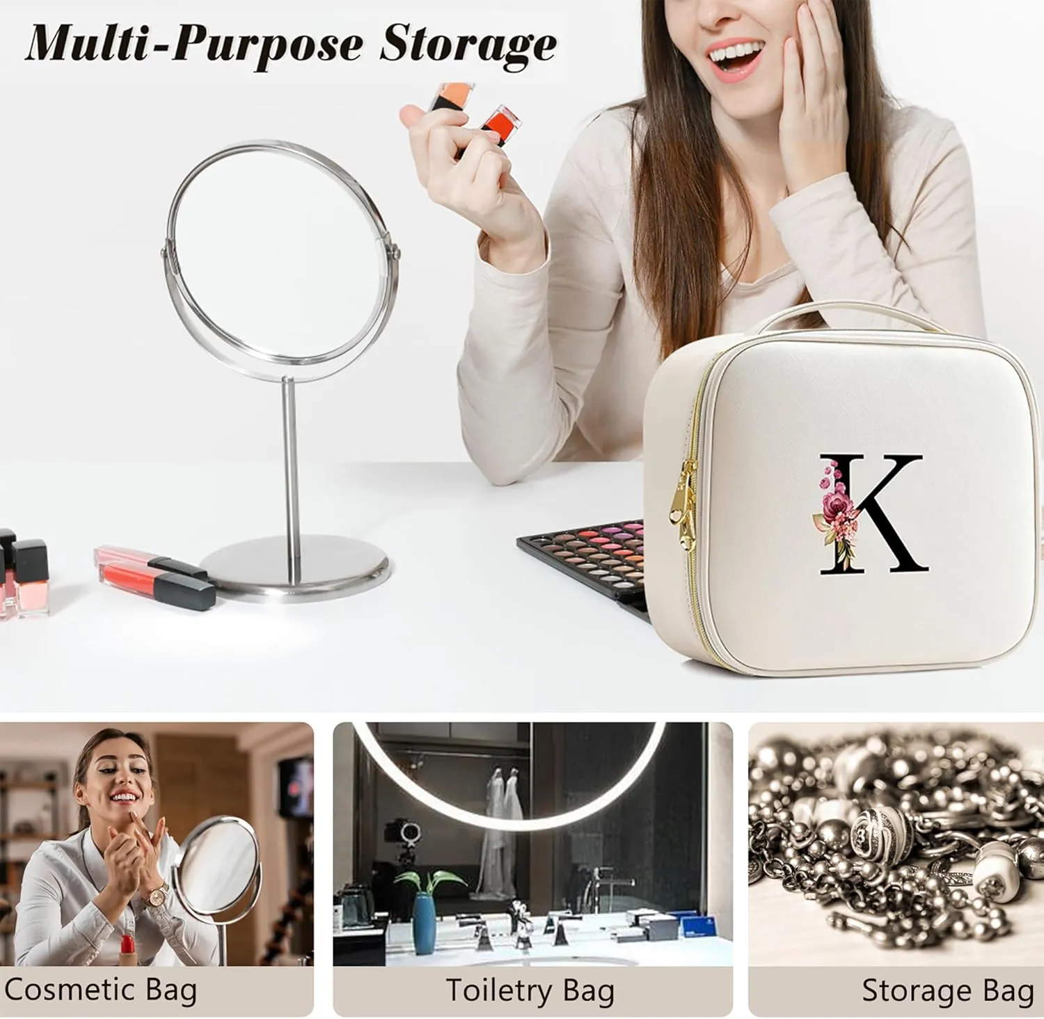 Initials Travel Makeup Train Case Birthday Mothers Day Gifts for Women, Personalized Makeup Cosmetic Case Organizer with Adjustable Dividers, Makeup Organizer Bag for Make up Brushes, Beige, F.