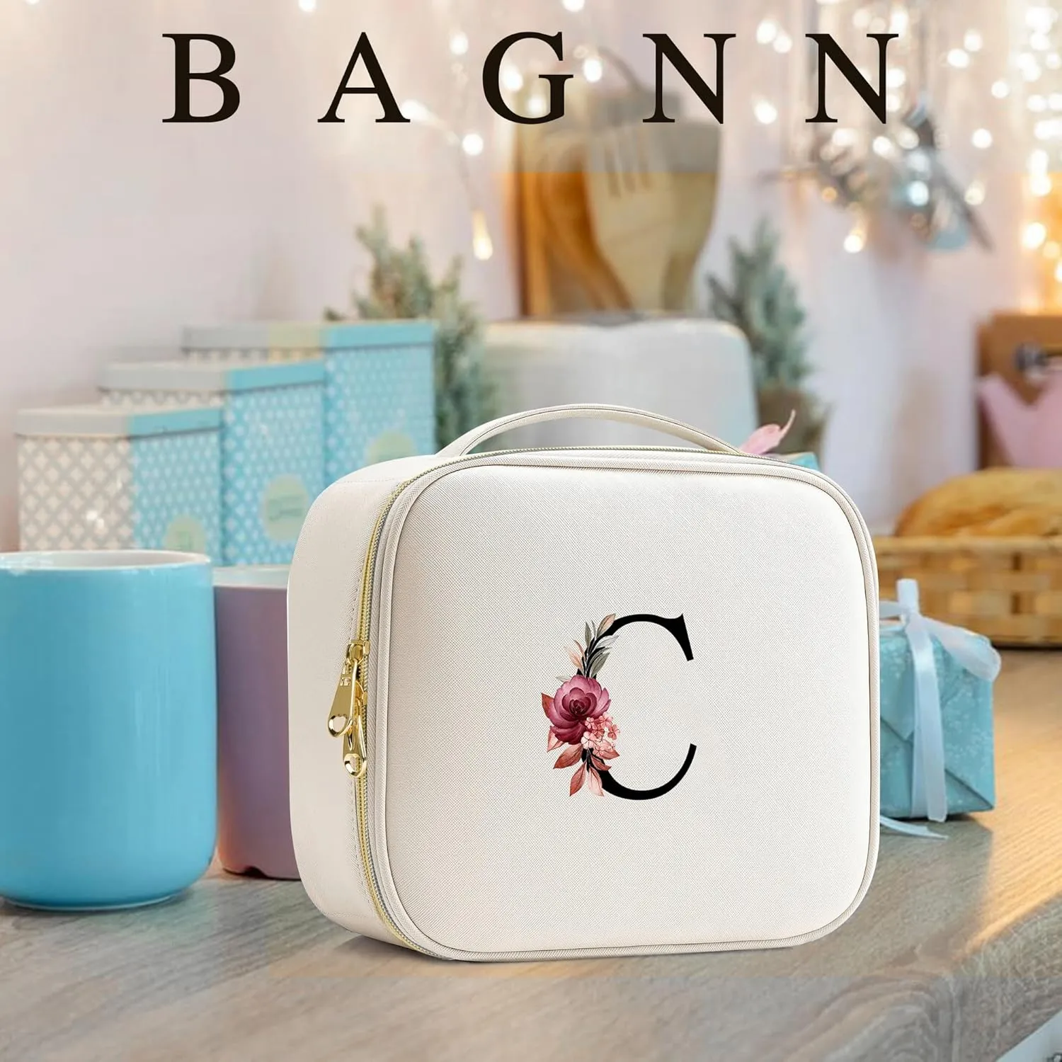 Initials Travel Makeup Train Case Birthday Mothers Day Gifts for Women, Personalized Makeup Cosmetic Case Organizer with Adjustable Dividers, Makeup Organizer Bag for Make up Brushes, Beige, F.