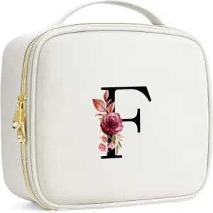 Initials Travel Makeup Train Case Birthday Mothers Day Gifts for Women, Personalized Makeup Cosmetic Case Organizer with Adjustable Dividers, Makeup Organizer Bag for Make up Brushes, Beige, F.