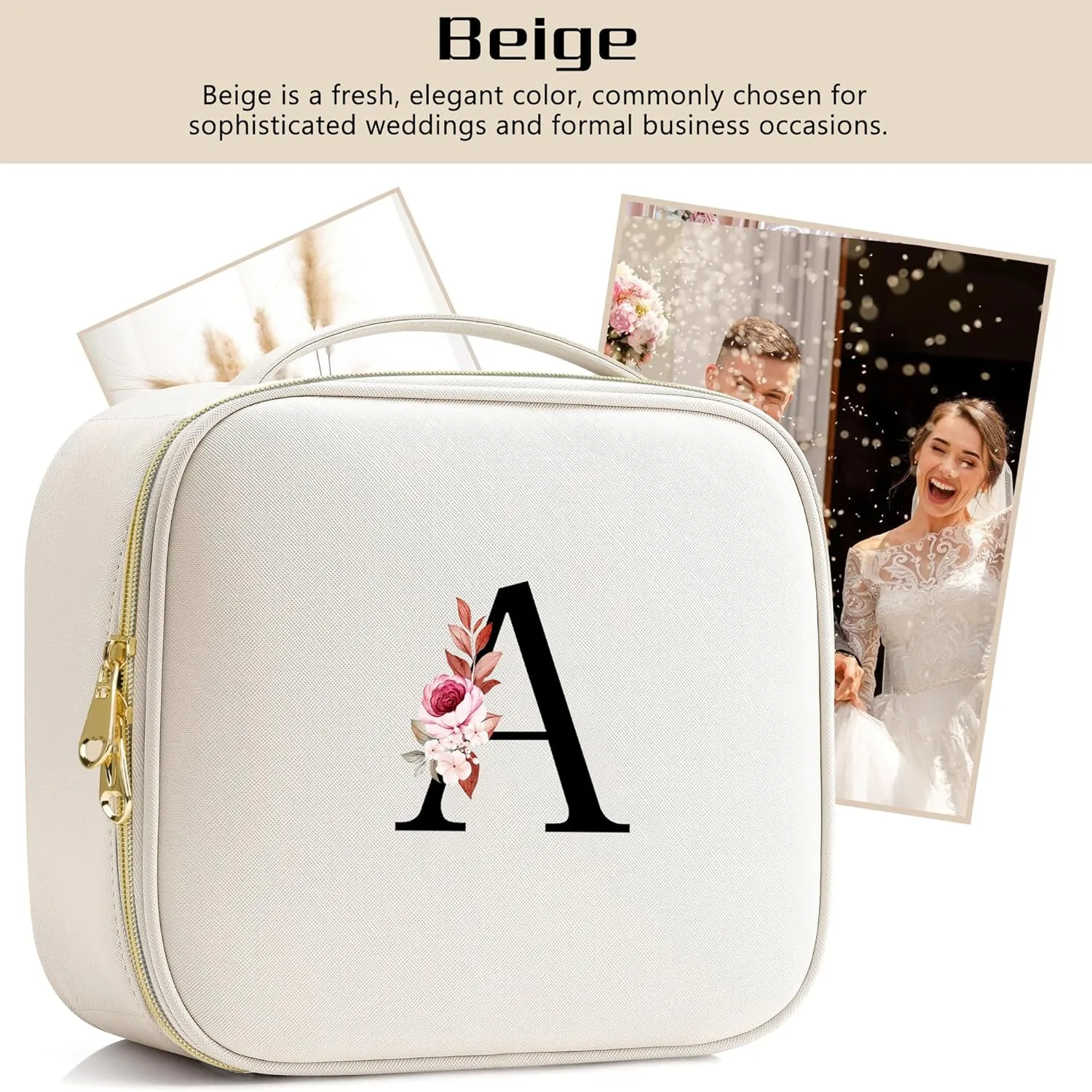Initials Travel Makeup Train Case Birthday Mothers Day Gifts for Women, Personalized Makeup Cosmetic Case Organizer with Adjustable Dividers, Makeup Organizer Bag for Make up Brushes, Beige, F.
