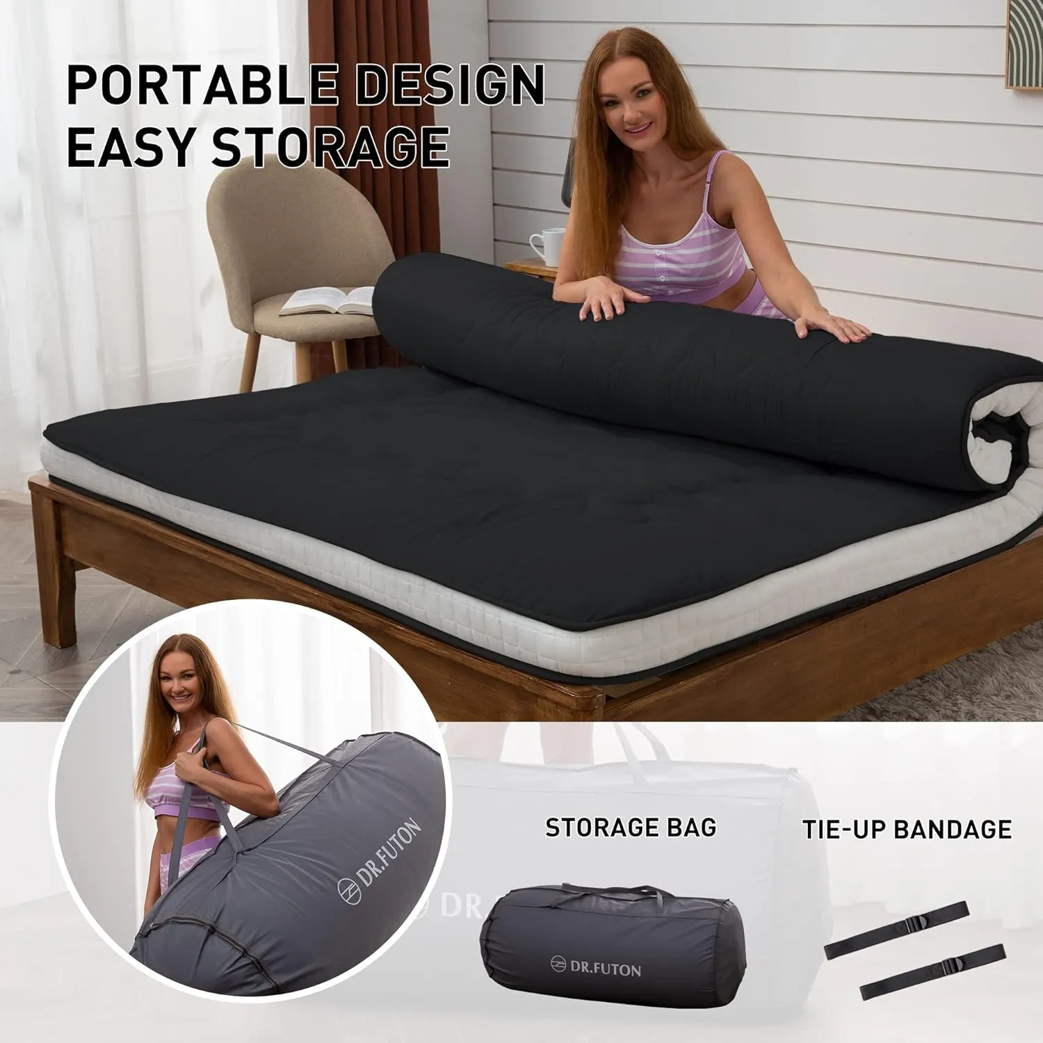 Japanese Floor Futon Mattress Extra Thick Folding Roll Up Bed Topper Mat for Guest,Lounger and Tavel