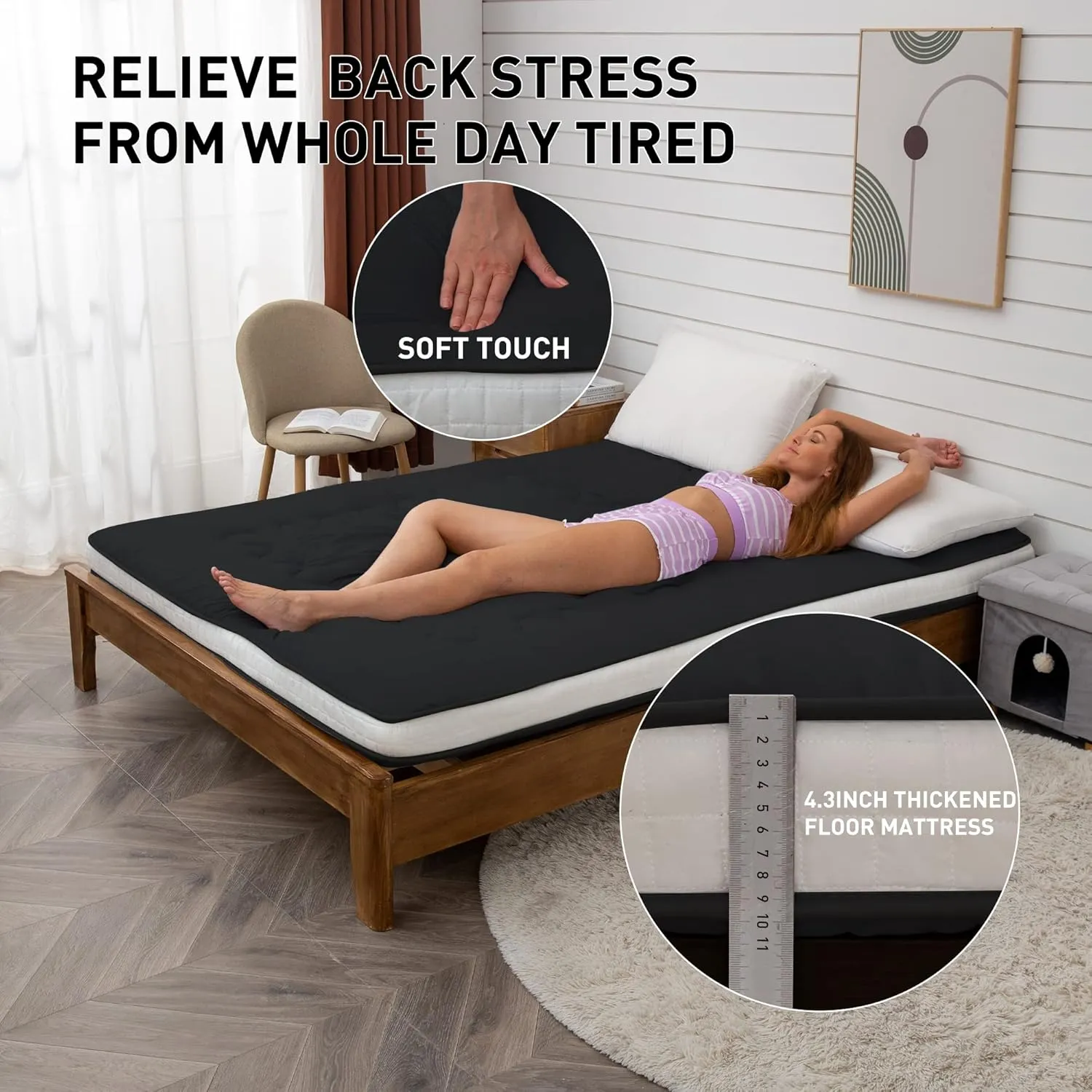 Japanese Floor Futon Mattress Extra Thick Folding Roll Up Bed Topper Mat for Guest,Lounger and Tavel