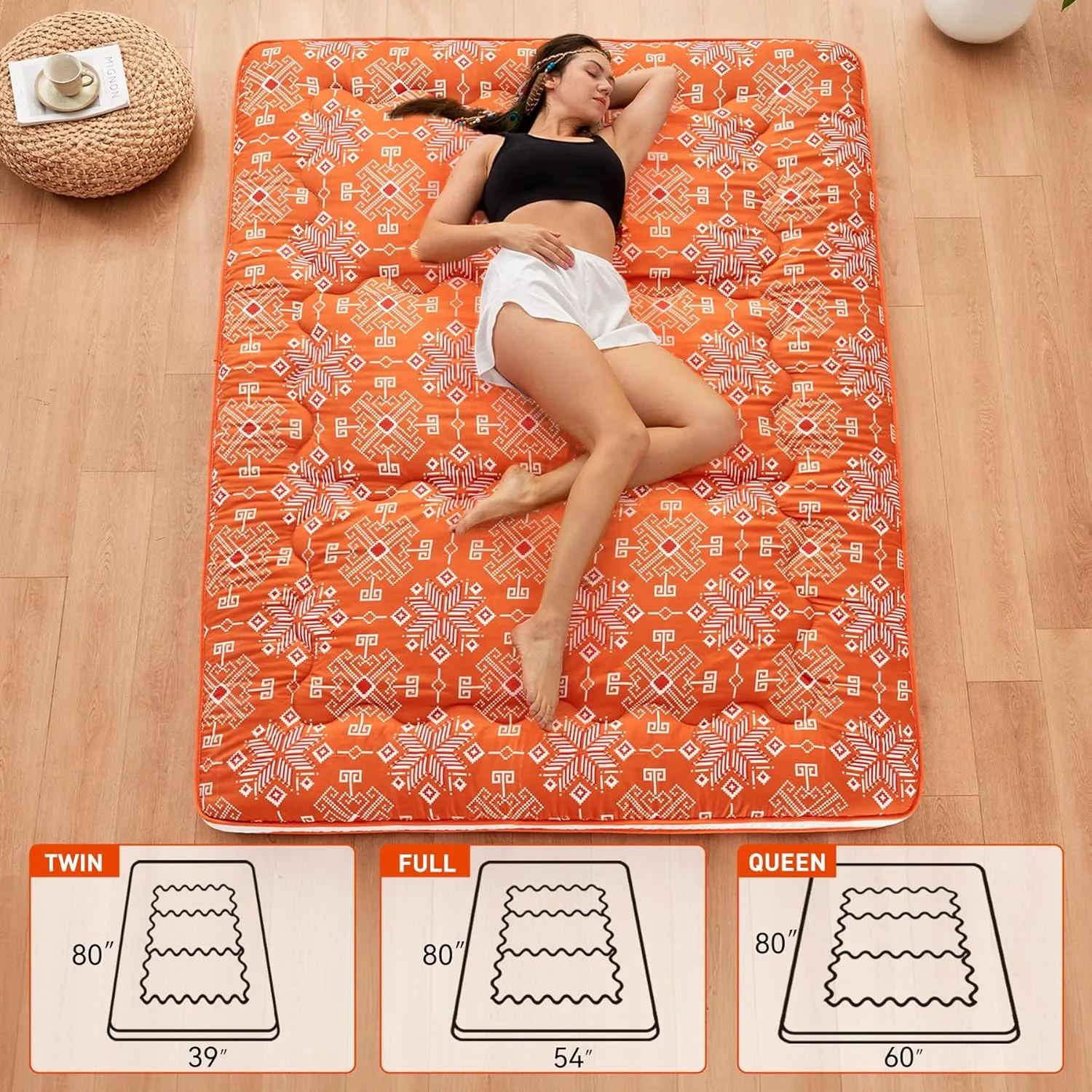 Japanese Floor Futon Mattress Extra Thick Folding Roll Up Bed Topper Mat for Guest,Lounger and Tavel