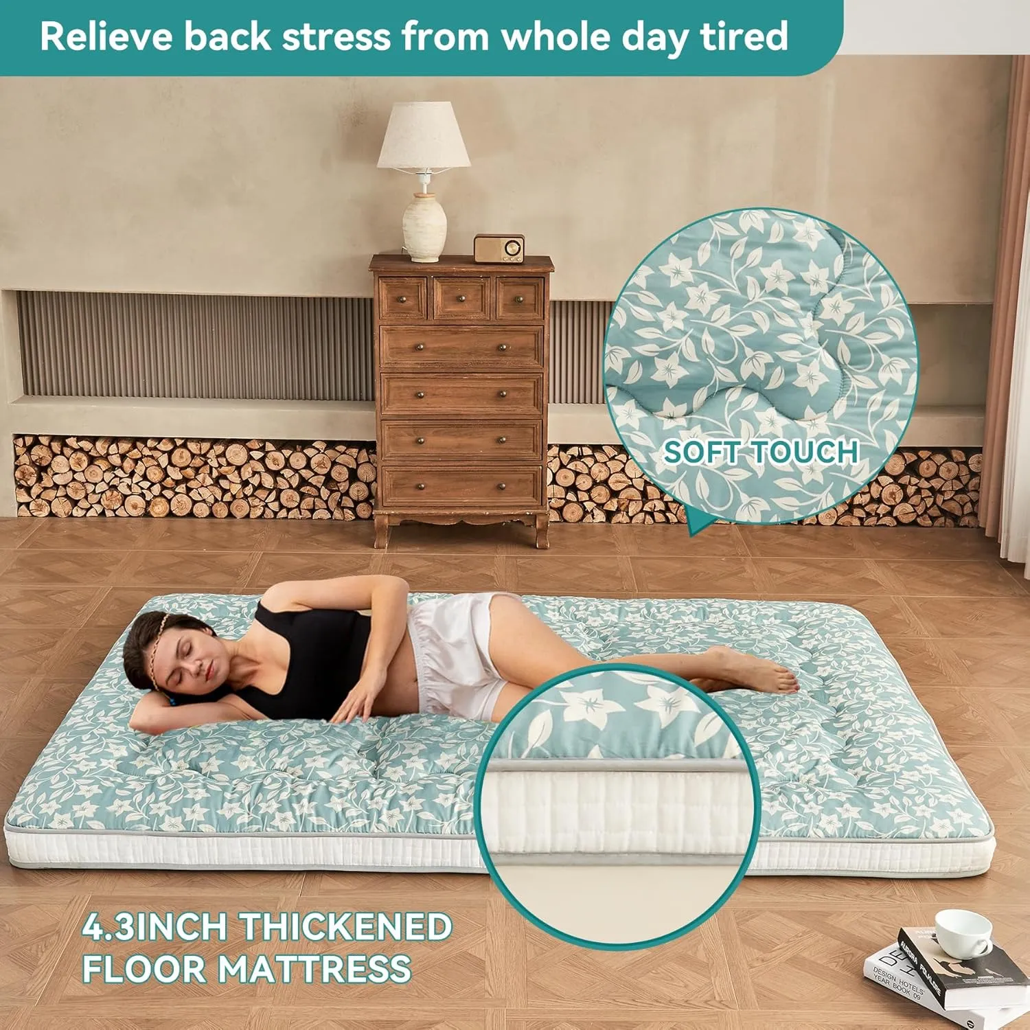Japanese Floor Futon Mattress Extra Thick Folding Roll Up Bed Topper Mat for Guest,Lounger and Tavel
