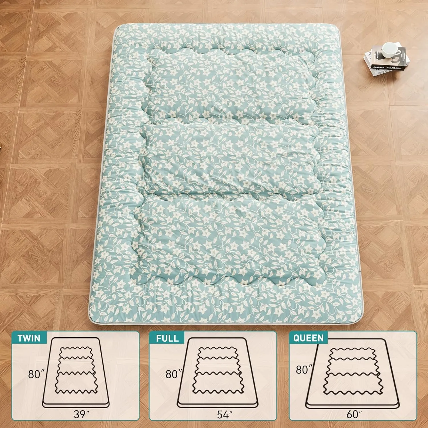 Japanese Floor Futon Mattress Extra Thick Folding Roll Up Bed Topper Mat for Guest,Lounger and Tavel