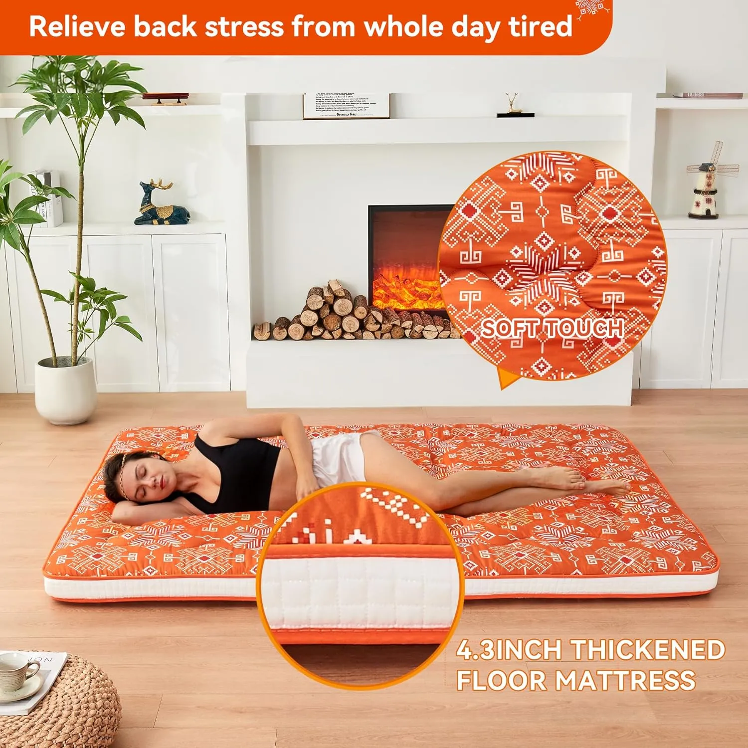 Japanese Floor Futon Mattress Extra Thick Folding Roll Up Bed Topper Mat for Guest,Lounger and Tavel