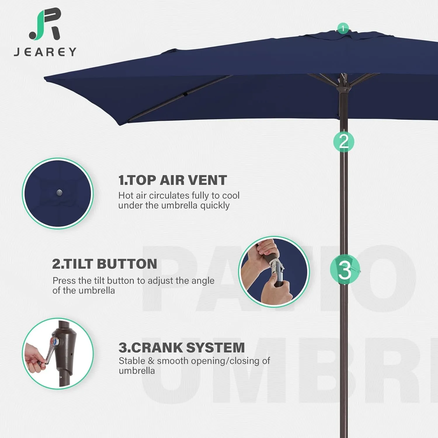 JEAREY 6.5x10 ft Rectangular Patio Umbrellas Outdoor Market Umbrella with Push Button Tilt and Crank, Rectangle Table Umbrella 6 Sturdy Ribs UV Protection for Poolside Garden Backyard Deck,Navy