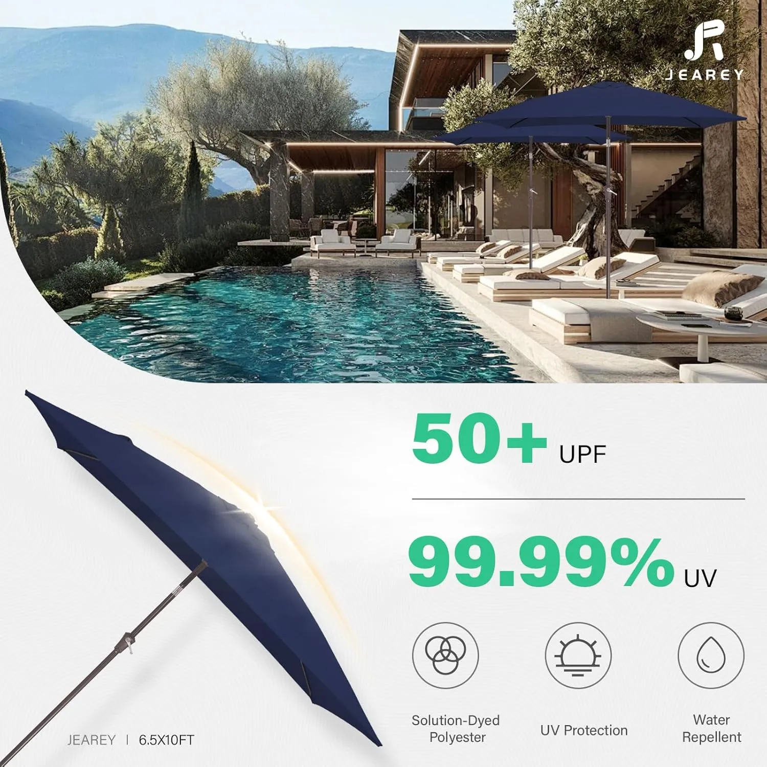 JEAREY 6.5x10 ft Rectangular Patio Umbrellas Outdoor Market Umbrella with Push Button Tilt and Crank, Rectangle Table Umbrella 6 Sturdy Ribs UV Protection for Poolside Garden Backyard Deck,Navy