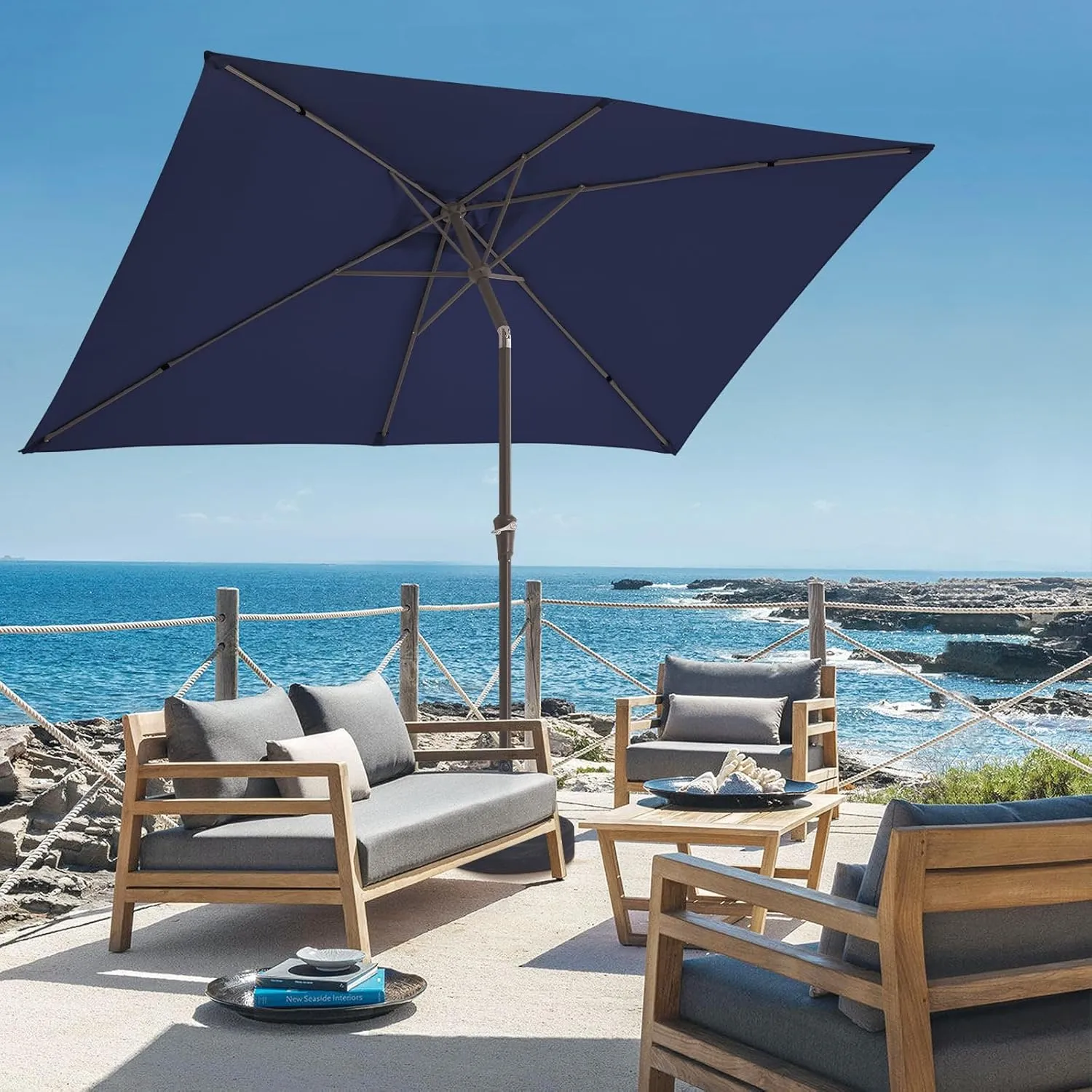 JEAREY 6.5x10 ft Rectangular Patio Umbrellas Outdoor Market Umbrella with Push Button Tilt and Crank, Rectangle Table Umbrella 6 Sturdy Ribs UV Protection for Poolside Garden Backyard Deck,Navy