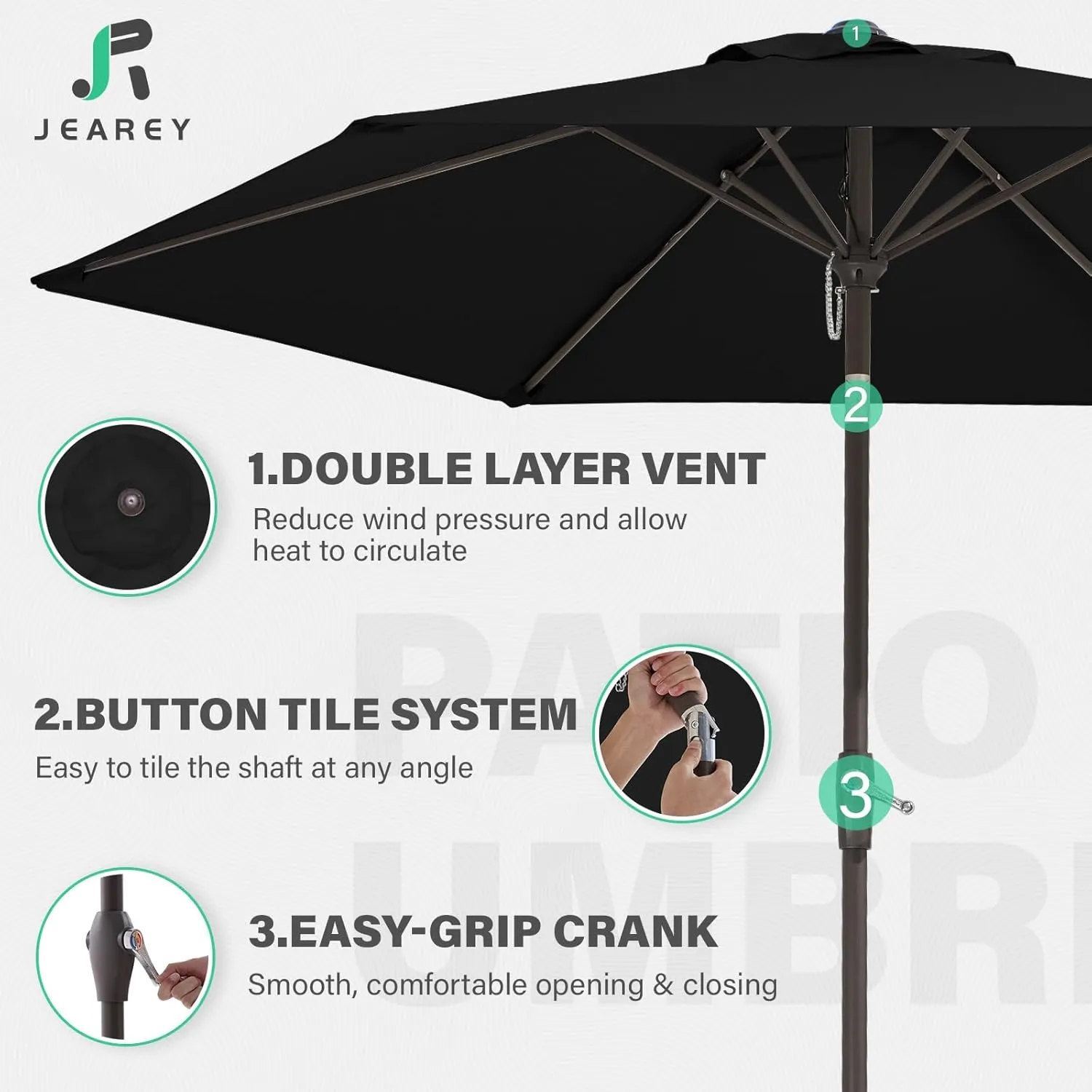 JEAREY 7.5FT Patio Umbrella Market Table Umbrella with 6 Sturdy Ribs, Push Button Tilt/Crank Outdoor Umbrella for Garden, Deck, Backyard, Pool and Beach,Black