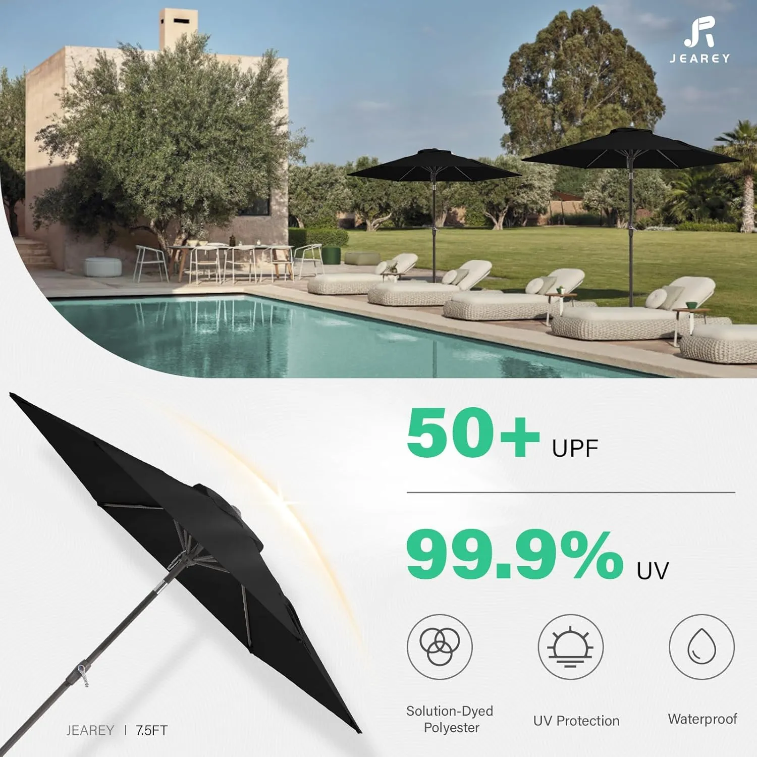 JEAREY 7.5FT Patio Umbrella Market Table Umbrella with 6 Sturdy Ribs, Push Button Tilt/Crank Outdoor Umbrella for Garden, Deck, Backyard, Pool and Beach,Black
