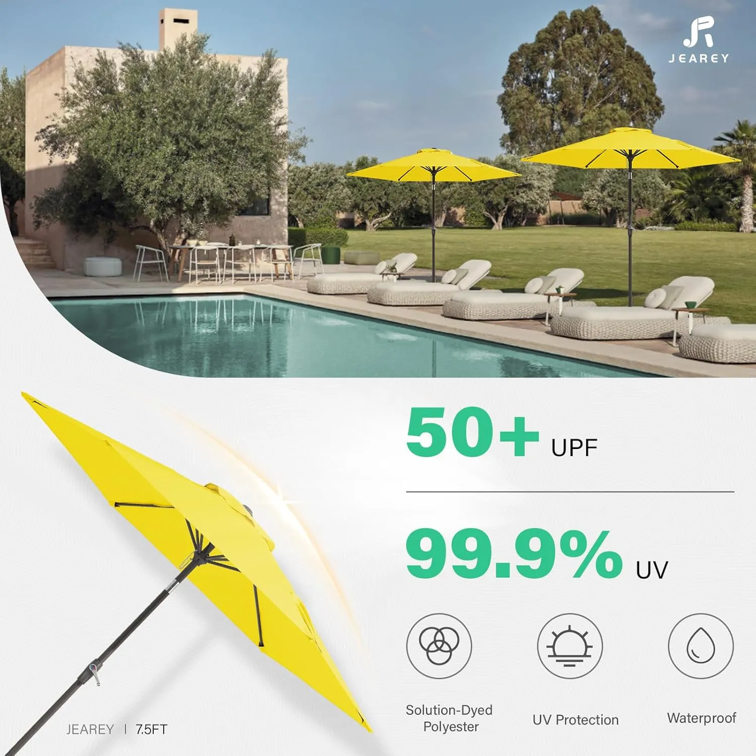JEAREY 7.5FT Patio Umbrella Market Table Umbrella with 6 Sturdy Ribs, Push Button Tilt/Crank Outdoor Umbrella for Garden, Deck, Backyard, Pool and Beach,Yellow
