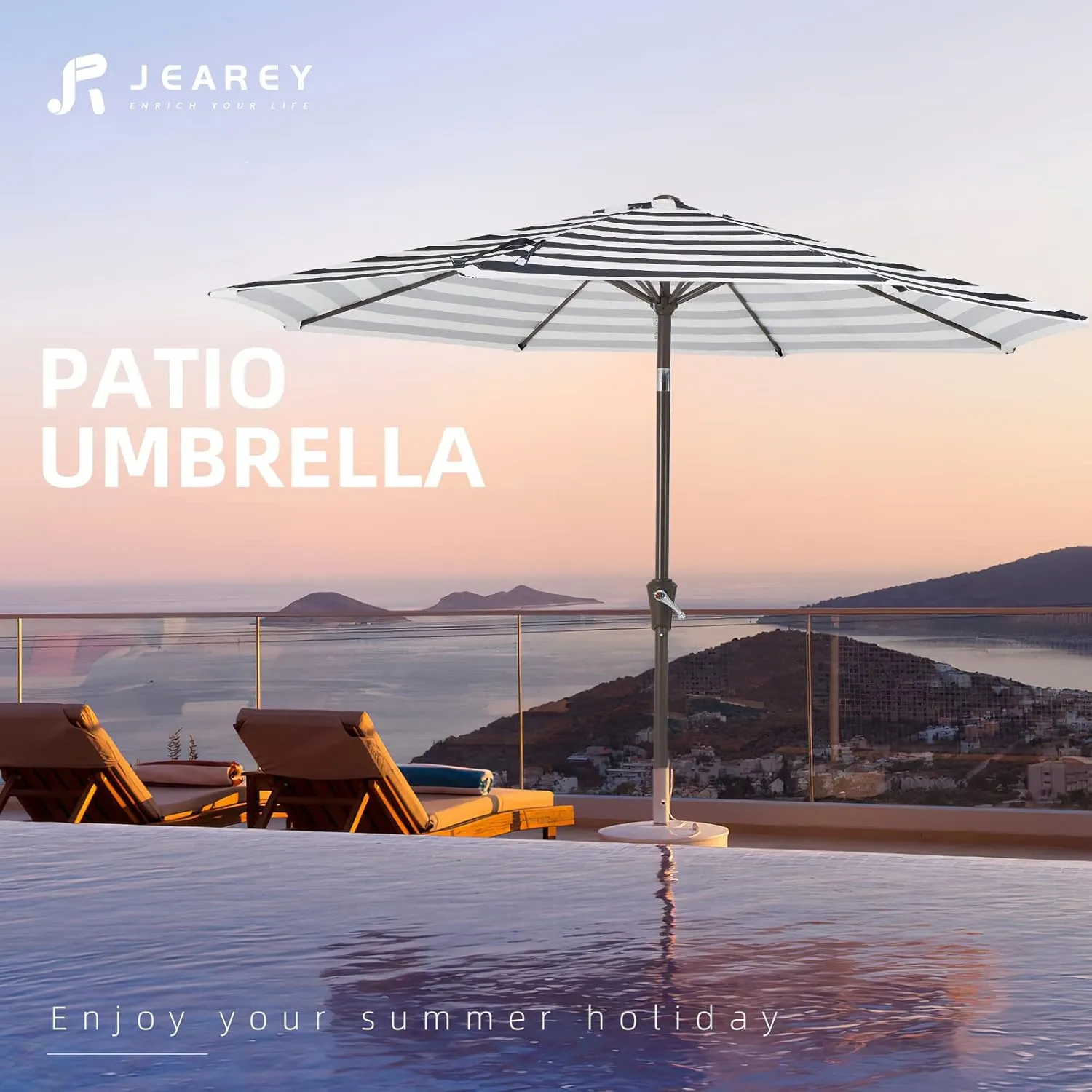 JEAREY 9FT Outdoor Patio Umbrella Outdoor Table Umbrella with Push Button Tilt and Crank, Market Umbrella 8 Sturdy Ribs UV Protection Waterproof for Garden, Deck, Backyard, Pool (Black & White Stripe)