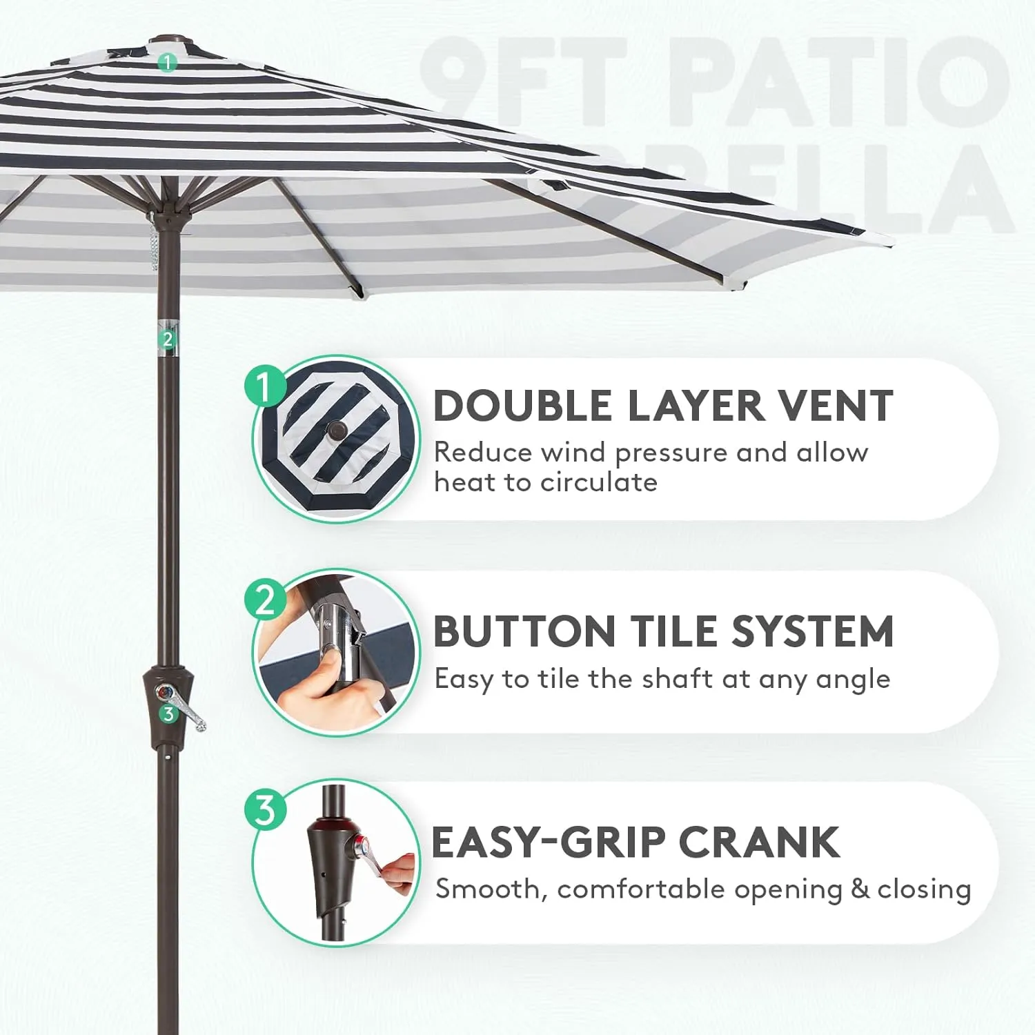 JEAREY 9FT Outdoor Patio Umbrella Outdoor Table Umbrella with Push Button Tilt and Crank, Market Umbrella 8 Sturdy Ribs UV Protection Waterproof for Garden, Deck, Backyard, Pool (Black & White Stripe)