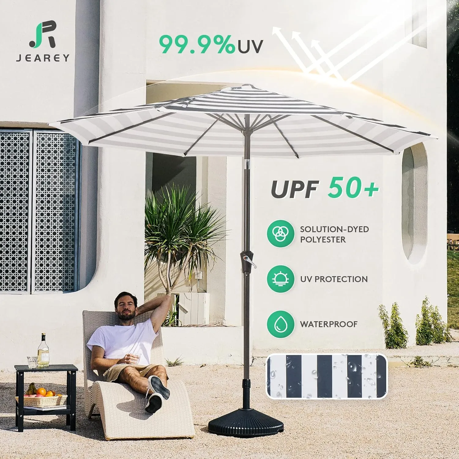 JEAREY 9FT Outdoor Patio Umbrella Outdoor Table Umbrella with Push Button Tilt and Crank, Market Umbrella 8 Sturdy Ribs UV Protection Waterproof for Garden, Deck, Backyard, Pool (Black & White Stripe)