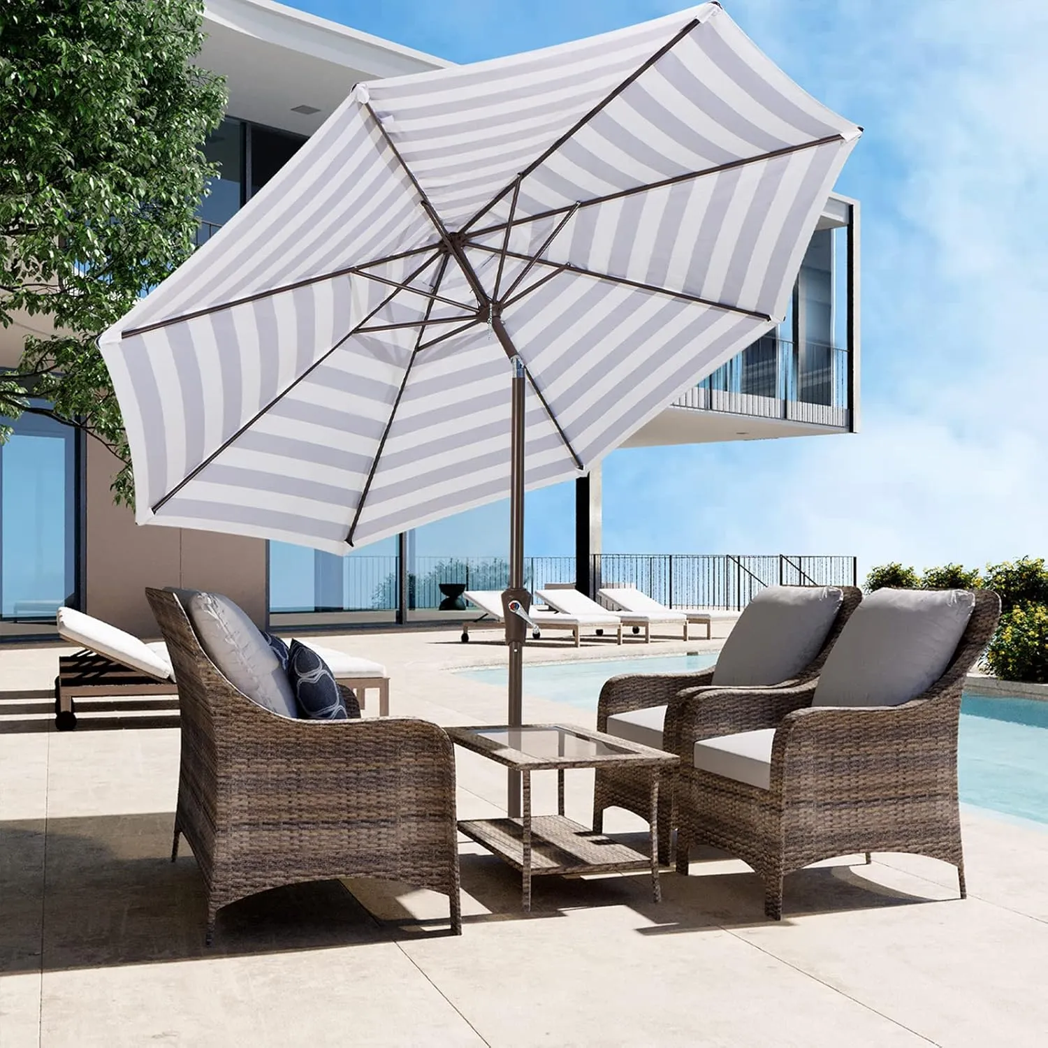 JEAREY 9FT Outdoor Patio Umbrella Outdoor Table Umbrella with Push Button Tilt and Crank, Market Umbrella 8 Sturdy Ribs UV Protection Waterproof for Garden, Deck, Backyard, Pool (Black & White Stripe)