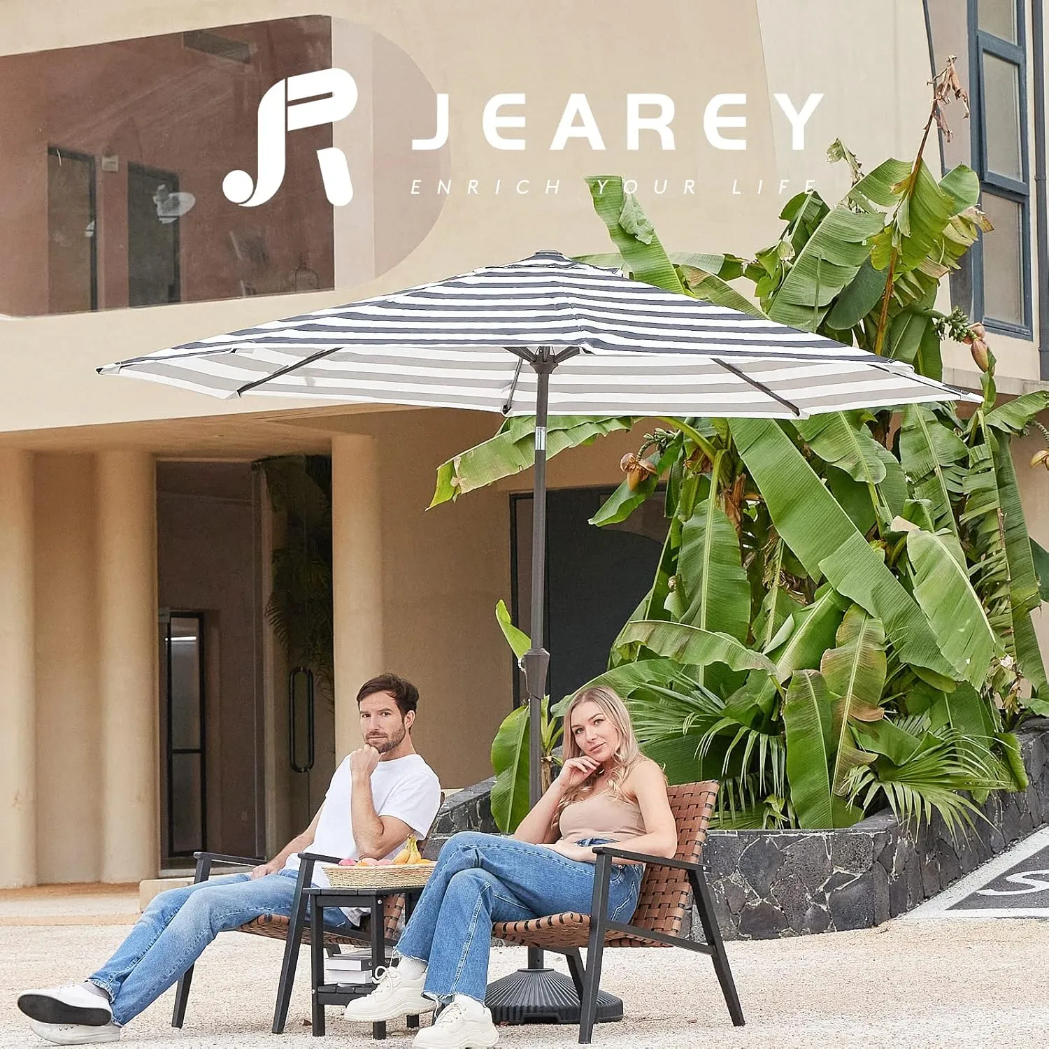 JEAREY 9FT Outdoor Patio Umbrella Outdoor Table Umbrella with Push Button Tilt and Crank, Market Umbrella 8 Sturdy Ribs UV Protection Waterproof for Garden, Deck, Backyard, Pool (Black & White Stripe)
