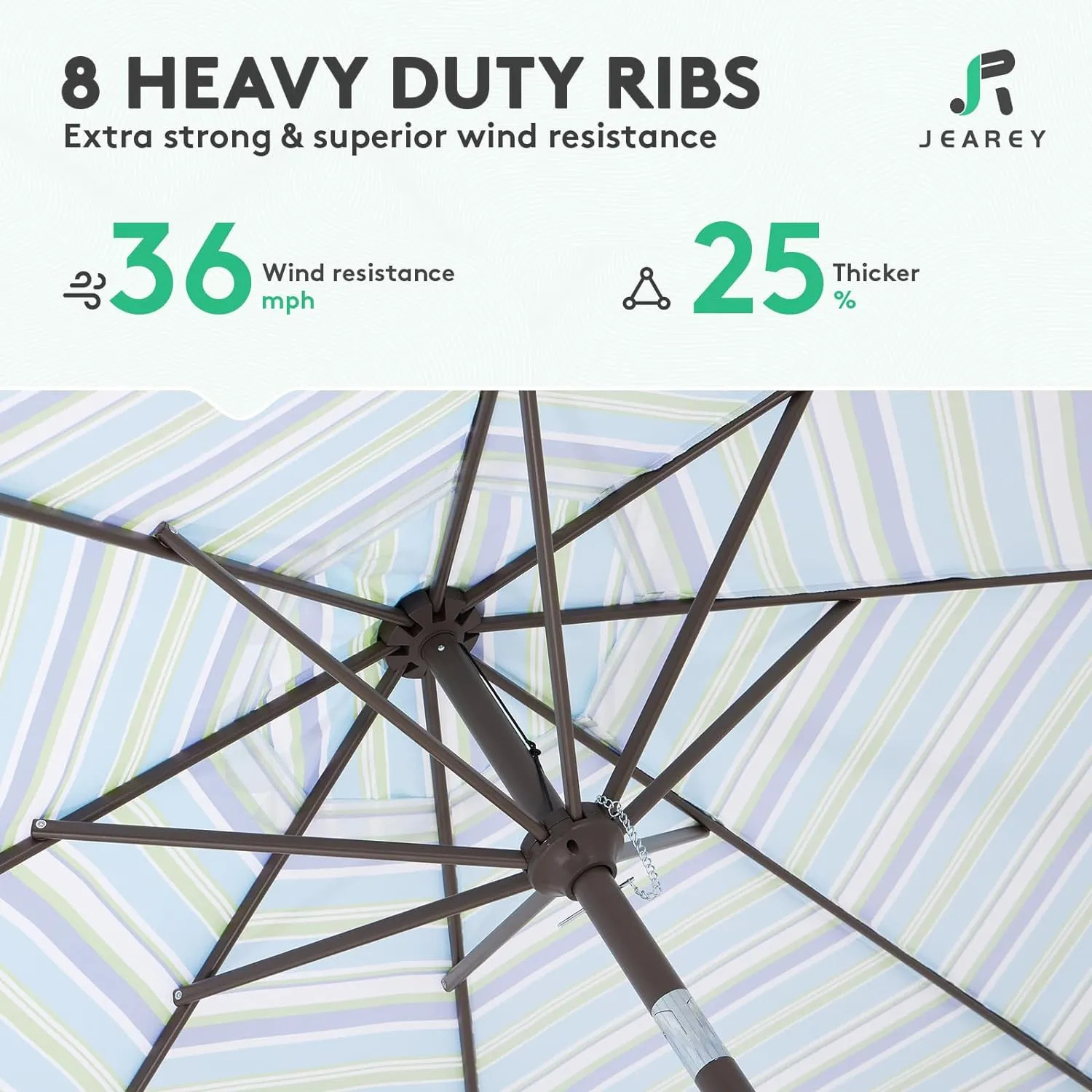 JEAREY 9FT Outdoor Patio Umbrella Outdoor Table Umbrella with Push Button Tilt and Crank, Market Umbrella 8 Sturdy Ribs UV Protection Waterproof for Garden, Deck, Backyard, Pool (Blue Green Stripe)