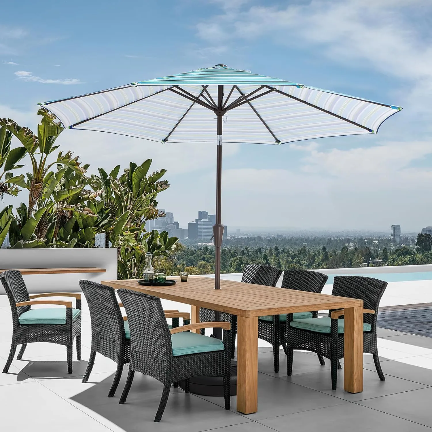 JEAREY 9FT Outdoor Patio Umbrella Outdoor Table Umbrella with Push Button Tilt and Crank, Market Umbrella 8 Sturdy Ribs UV Protection Waterproof for Garden, Deck, Backyard, Pool (Blue Green Stripe)
