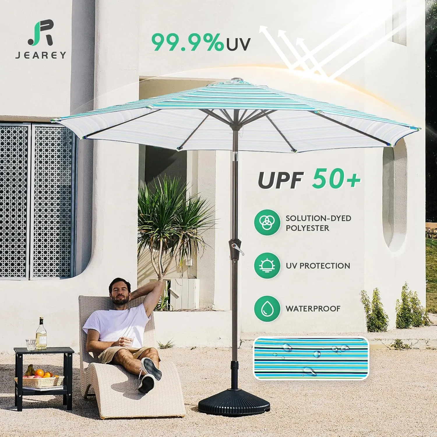 JEAREY 9FT Outdoor Patio Umbrella Outdoor Table Umbrella with Push Button Tilt and Crank, Market Umbrella 8 Sturdy Ribs UV Protection Waterproof for Garden, Deck, Backyard, Pool (Blue Green Stripe)