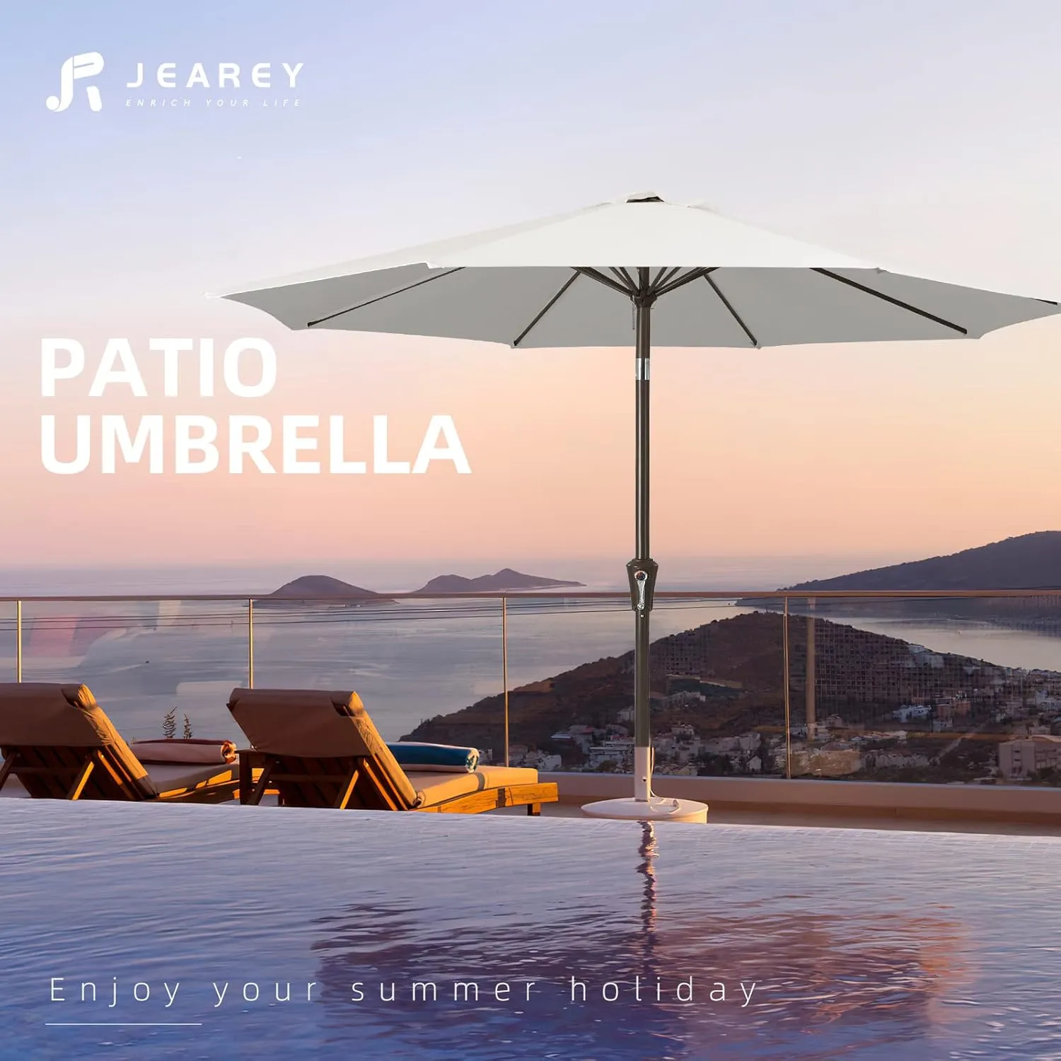 JEAREY 9FT Outdoor Patio Umbrella Outdoor Table Umbrella with Push Button Tilt and Crank, Market Umbrella 8 Sturdy Ribs UV Protection Waterproof for Garden, Deck, Backyard, Pool (Creamy-white)