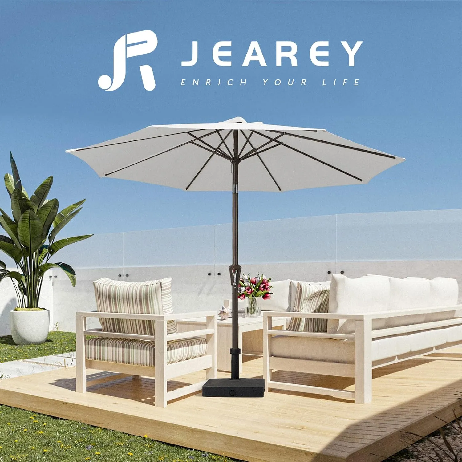 JEAREY 9FT Outdoor Patio Umbrella Outdoor Table Umbrella with Push Button Tilt and Crank, Market Umbrella 8 Sturdy Ribs UV Protection Waterproof for Garden, Deck, Backyard, Pool (Creamy-white)