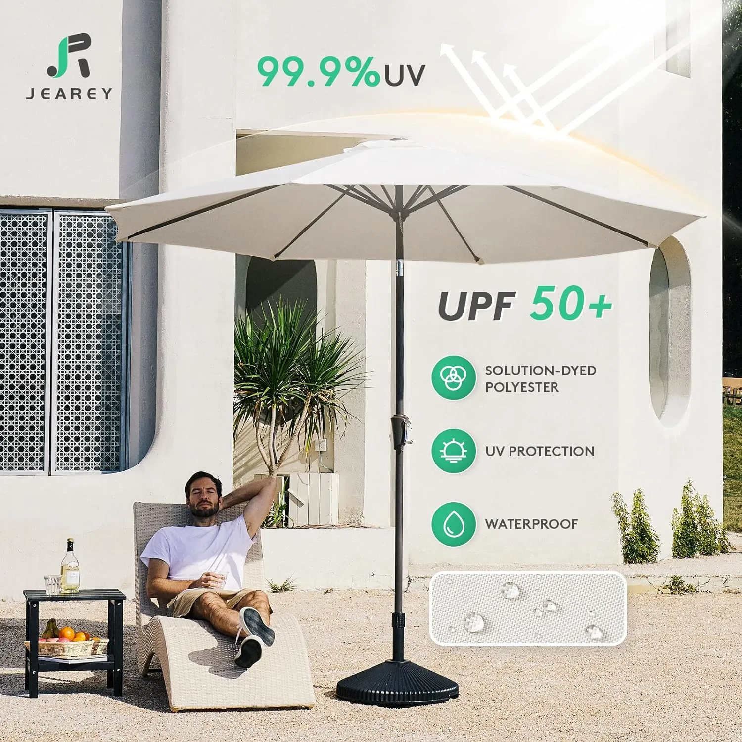 JEAREY 9FT Outdoor Patio Umbrella Outdoor Table Umbrella with Push Button Tilt and Crank, Market Umbrella 8 Sturdy Ribs UV Protection Waterproof for Garden, Deck, Backyard, Pool (Creamy-white)