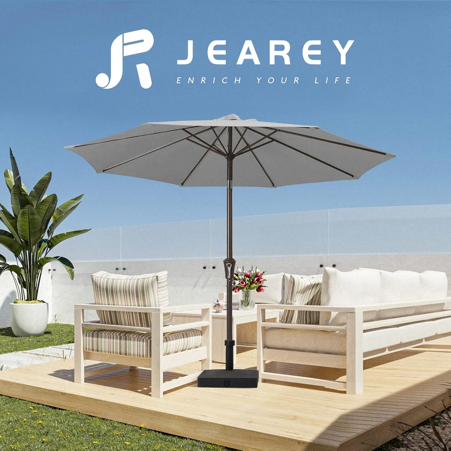 JEAREY 9FT Outdoor Patio Umbrella Outdoor Table Umbrella with Push Button Tilt and Crank, Market Umbrella 8 Sturdy Ribs UV Protection Waterproof for Garden, Deck, Backyard, Pool (Light Gray)