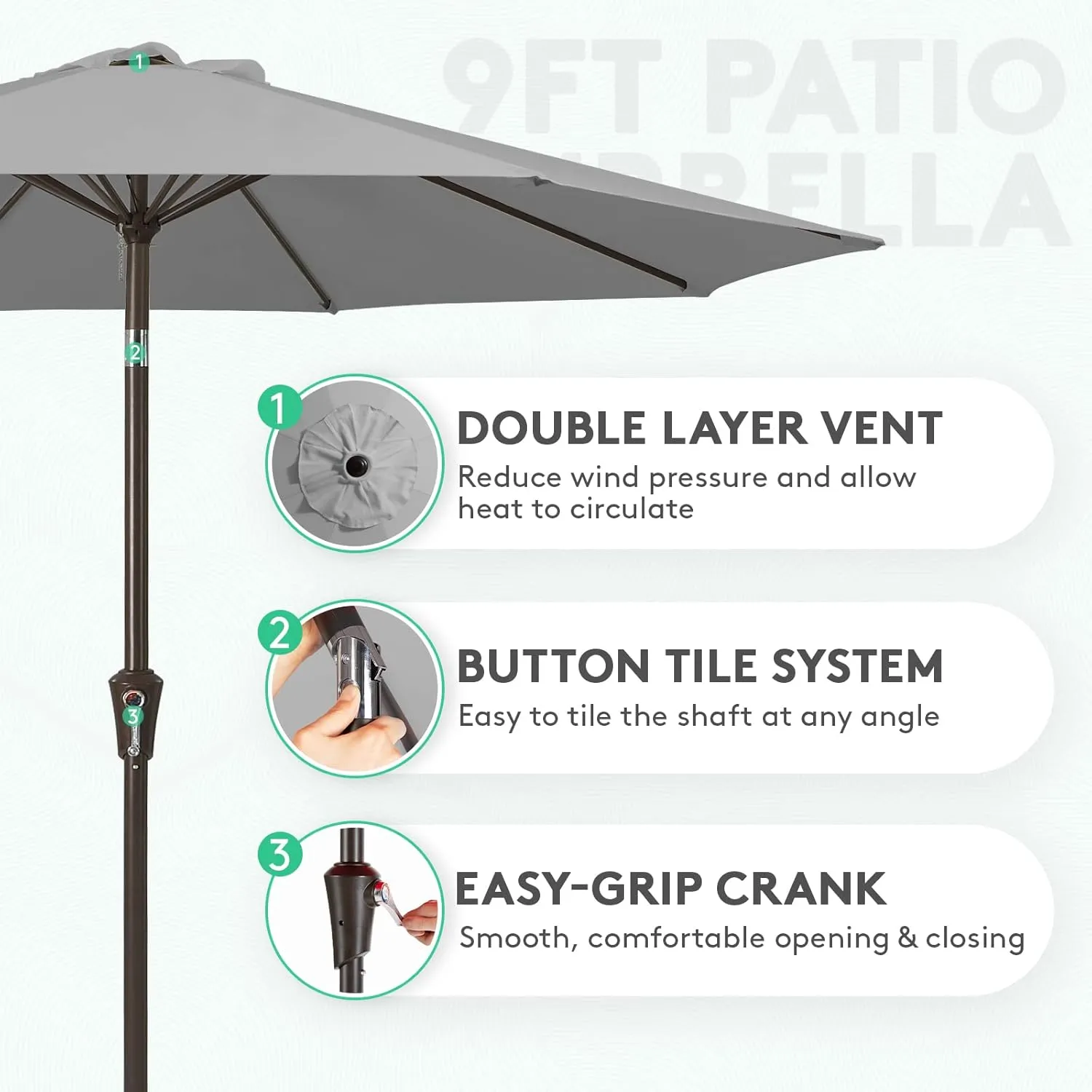 JEAREY 9FT Outdoor Patio Umbrella Outdoor Table Umbrella with Push Button Tilt and Crank, Market Umbrella 8 Sturdy Ribs UV Protection Waterproof for Garden, Deck, Backyard, Pool (Light Gray)