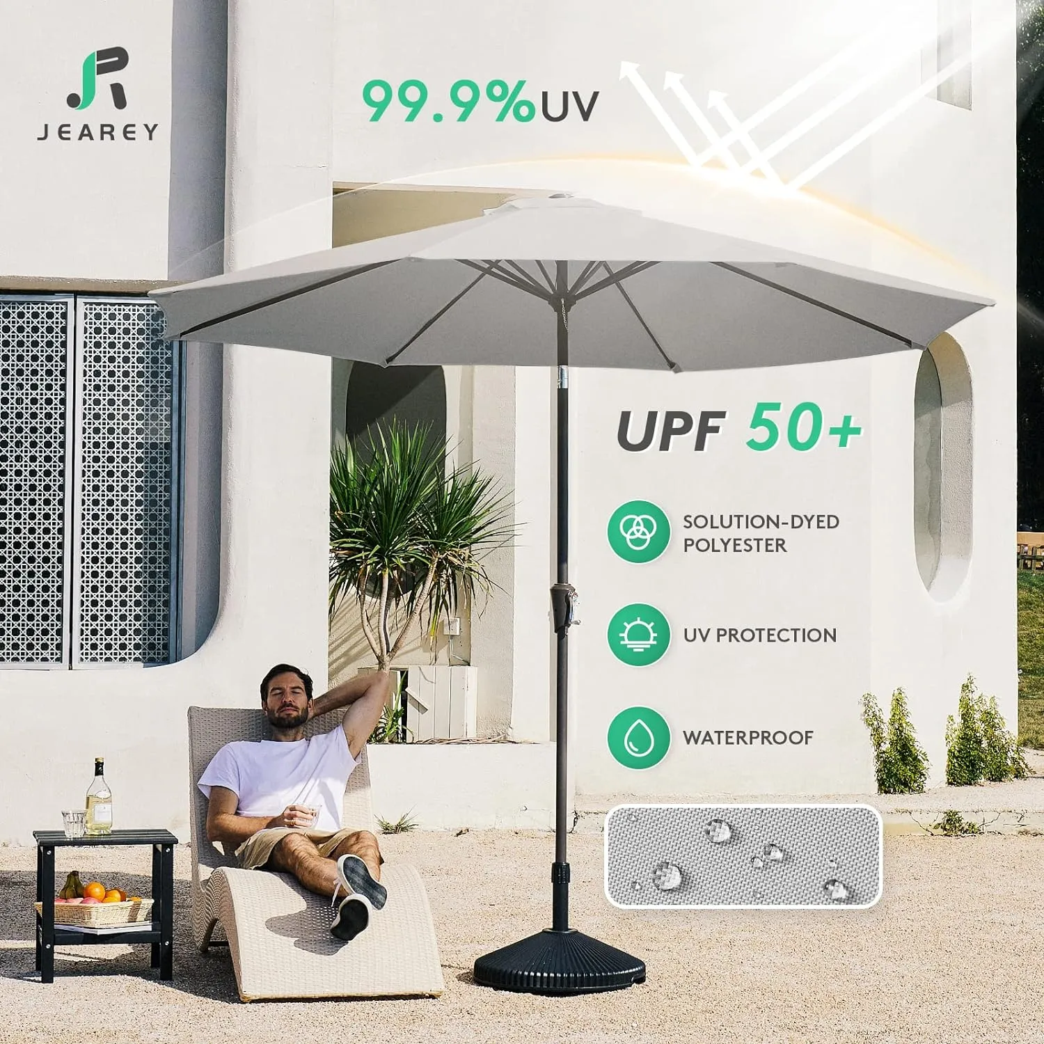 JEAREY 9FT Outdoor Patio Umbrella Outdoor Table Umbrella with Push Button Tilt and Crank, Market Umbrella 8 Sturdy Ribs UV Protection Waterproof for Garden, Deck, Backyard, Pool (Light Gray)