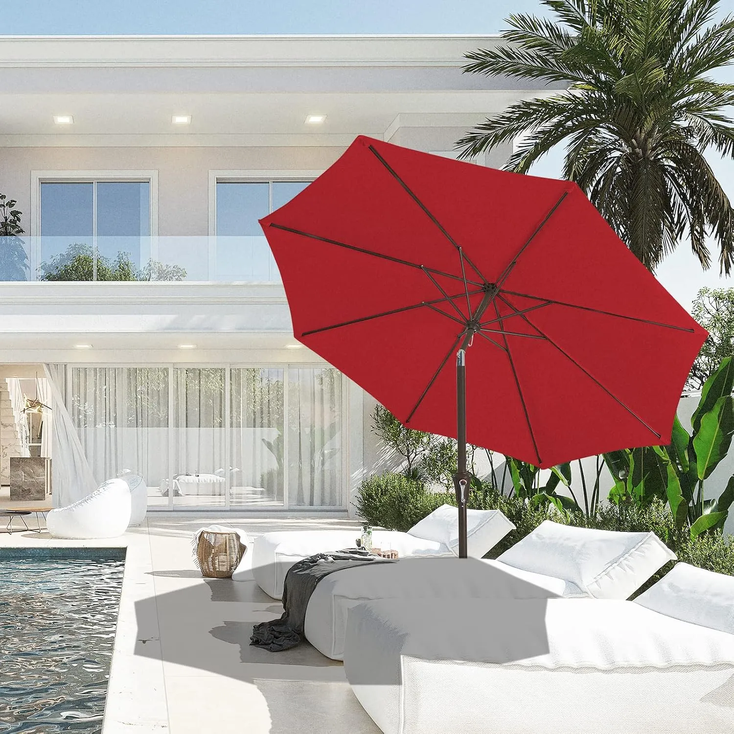 JEAREY 9FT Outdoor Patio Umbrella Outdoor Table Umbrella with Push Button Tilt and Crank, Market Umbrella 8 Sturdy Ribs UV Protection Waterproof for Garden, Deck, Backyard, Pool (Red)