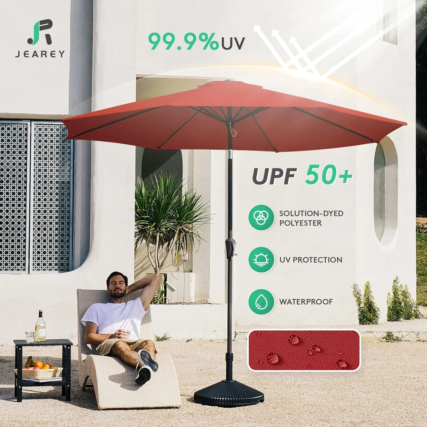 JEAREY 9FT Outdoor Patio Umbrella Outdoor Table Umbrella with Push Button Tilt and Crank, Market Umbrella 8 Sturdy Ribs UV Protection Waterproof for Garden, Deck, Backyard, Pool (Red)