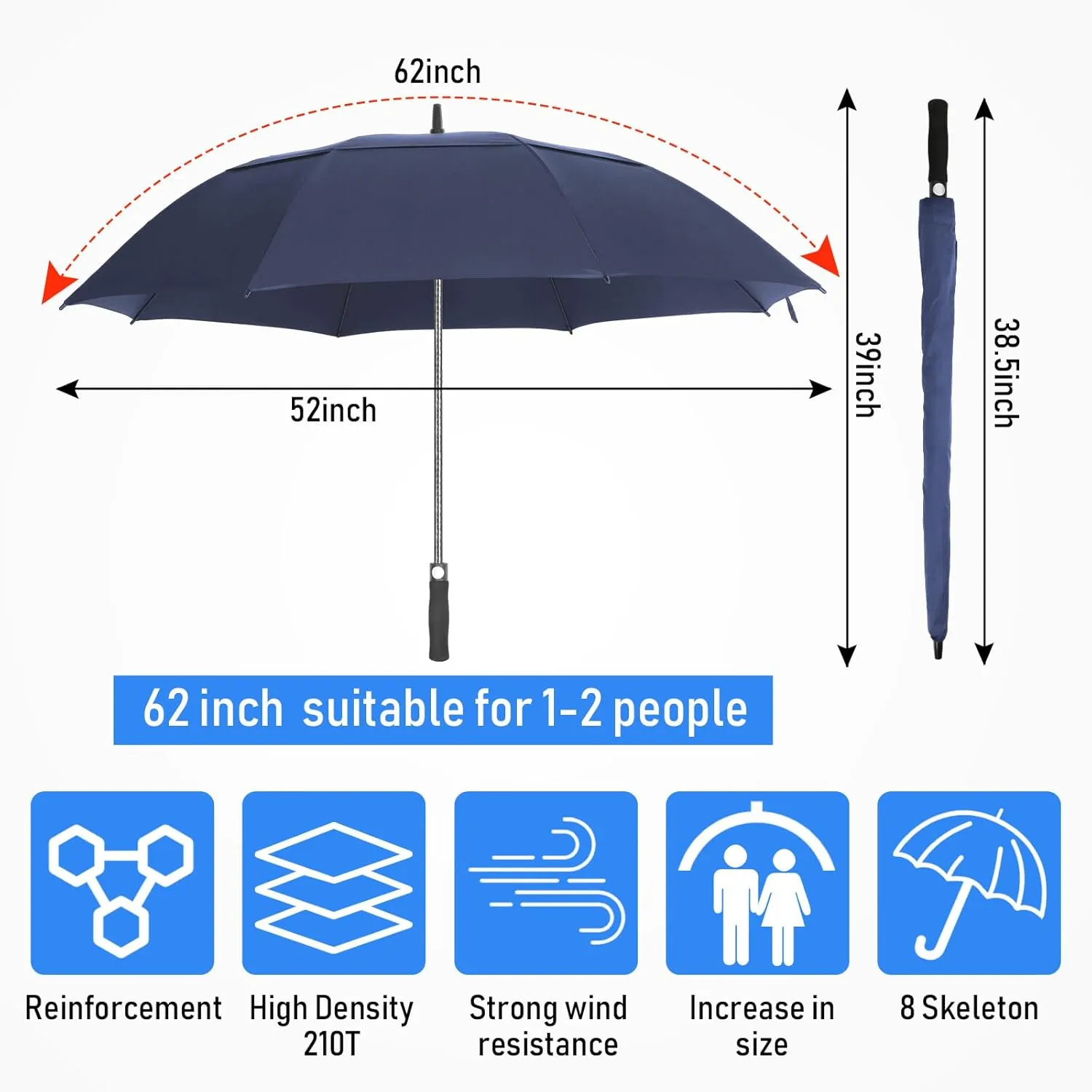 Jexine 10 Pcs Large Automatic Open Golf Umbrella 62 Inch Double Canopy Rain Umbrella Windproof Waterproof Heavy Duty for Men Women Family Travel Sports