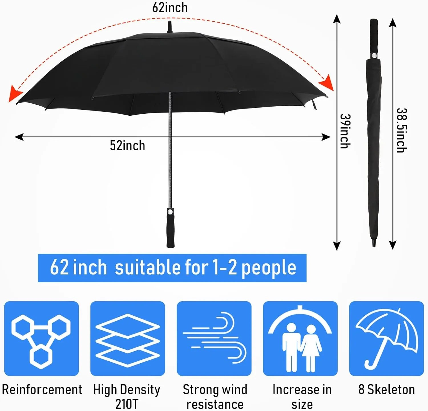 Jexine 10 Pcs Large Automatic Open Golf Umbrella 62 Inch Double Canopy Rain Umbrella Windproof Waterproof Heavy Duty for Men Women Family Travel Sports