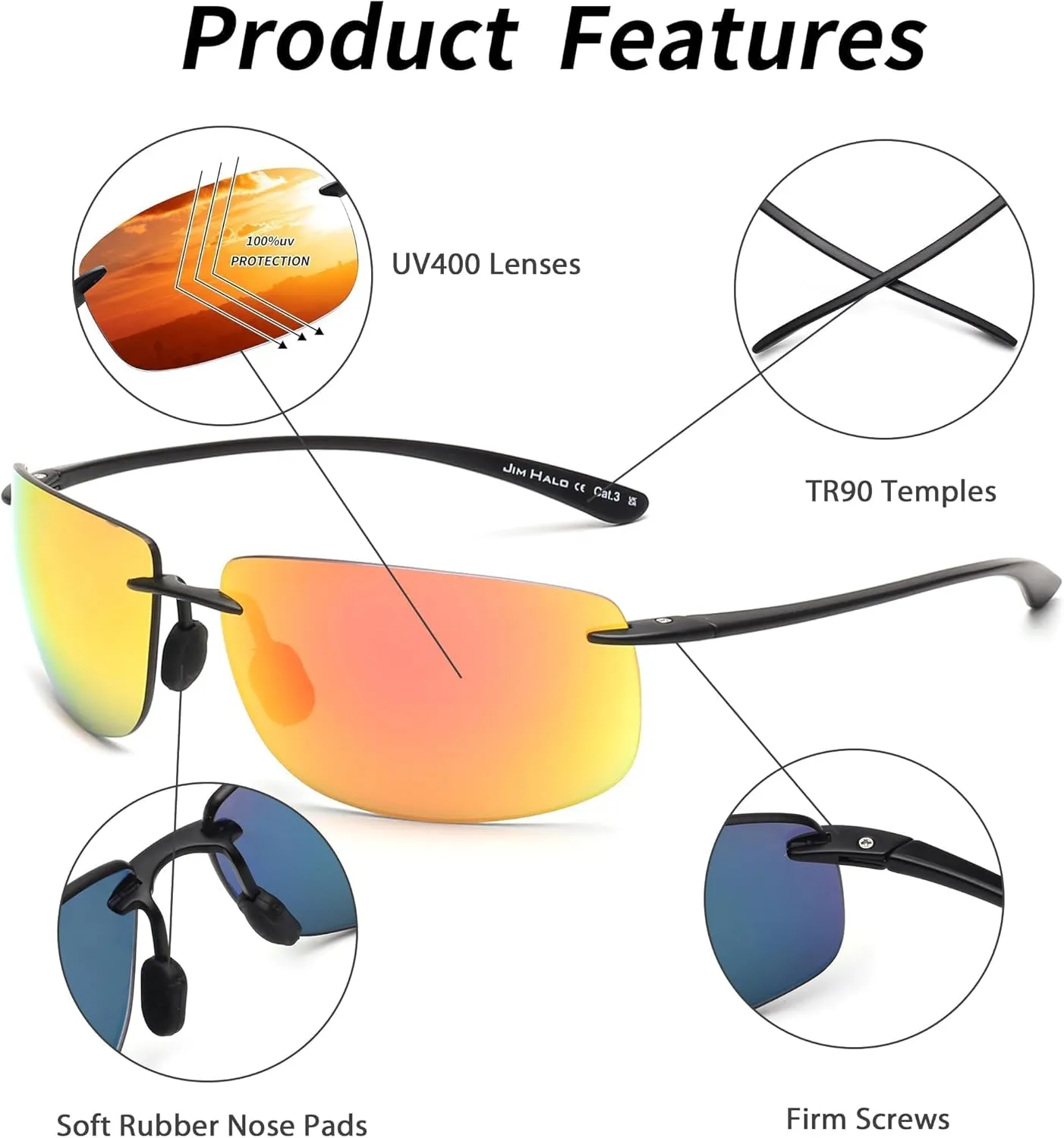 JIM HALO Sport Sunglasses for Men Women TR90 Rimless Frame for Running Fishing Cycling Driving