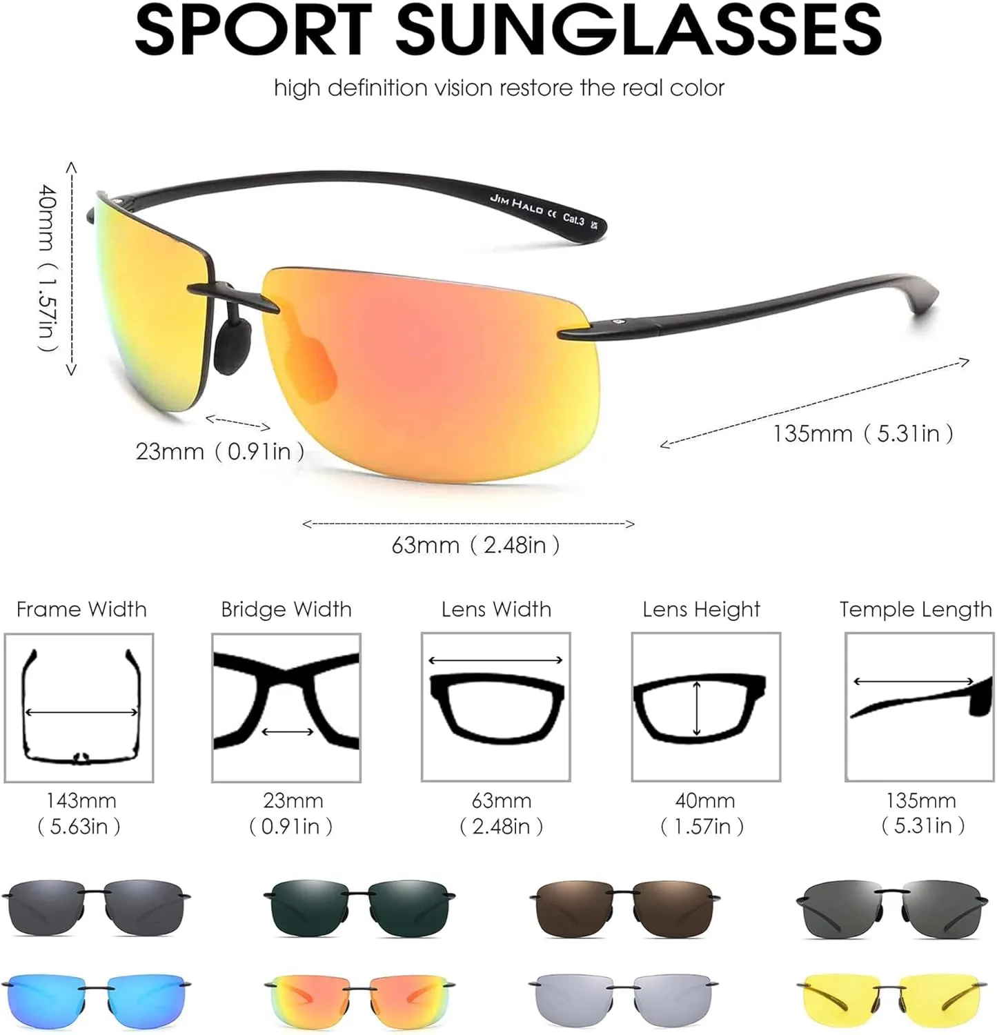 JIM HALO Sport Sunglasses for Men Women TR90 Rimless Frame for Running Fishing Cycling Driving