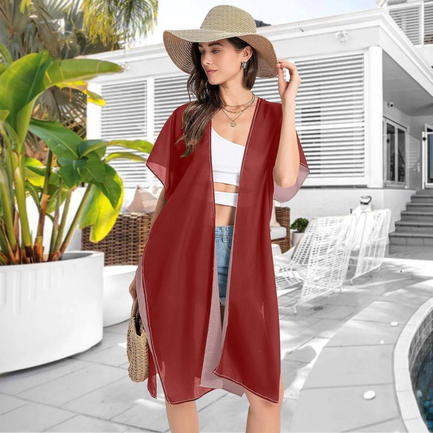 Joisal Swim Cover up for Women, Vacation Cover Ups for Women, Maroon Hawaiian Beach Bikini, Small