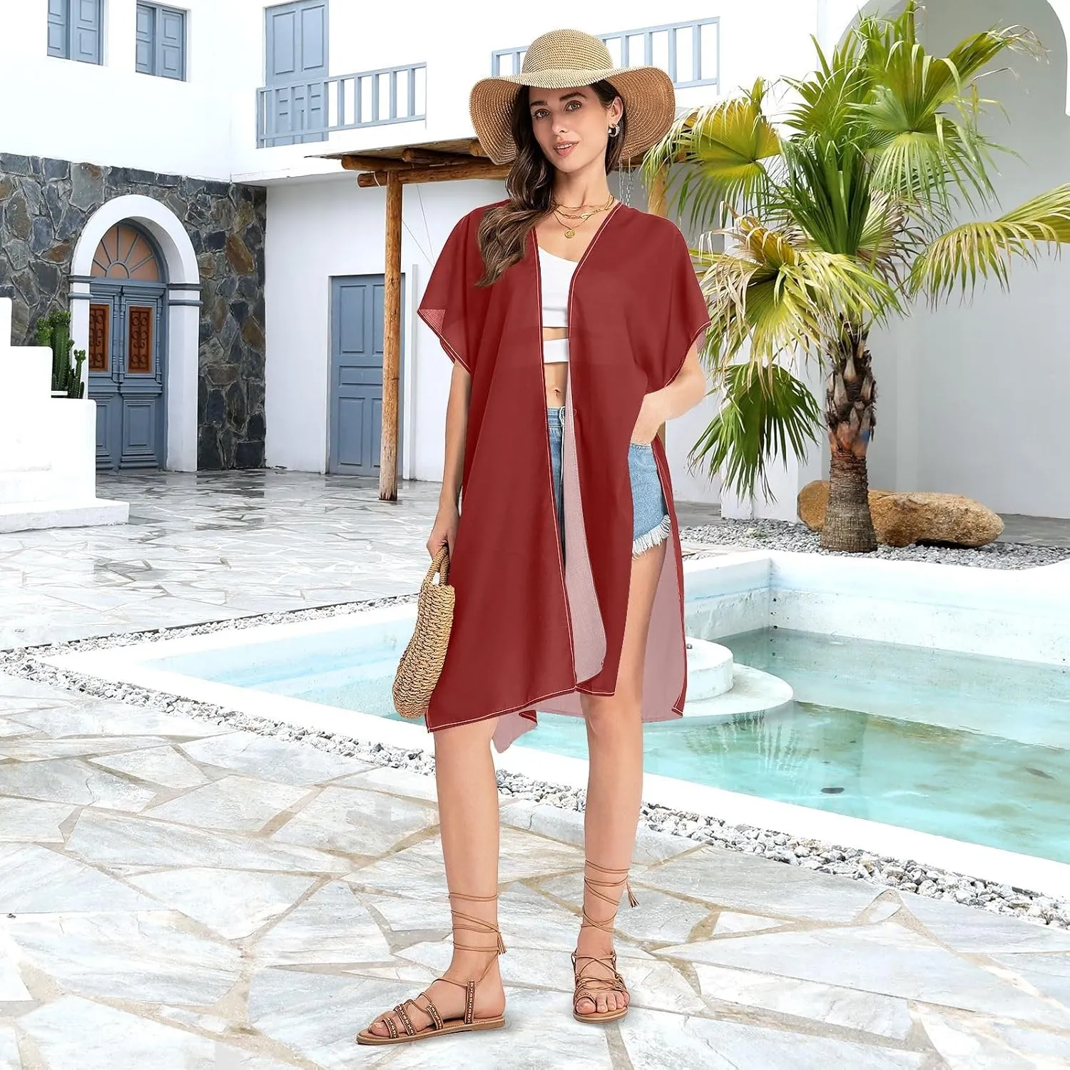 Joisal Swim Cover up for Women, Vacation Cover Ups for Women, Maroon Hawaiian Beach Bikini, Small