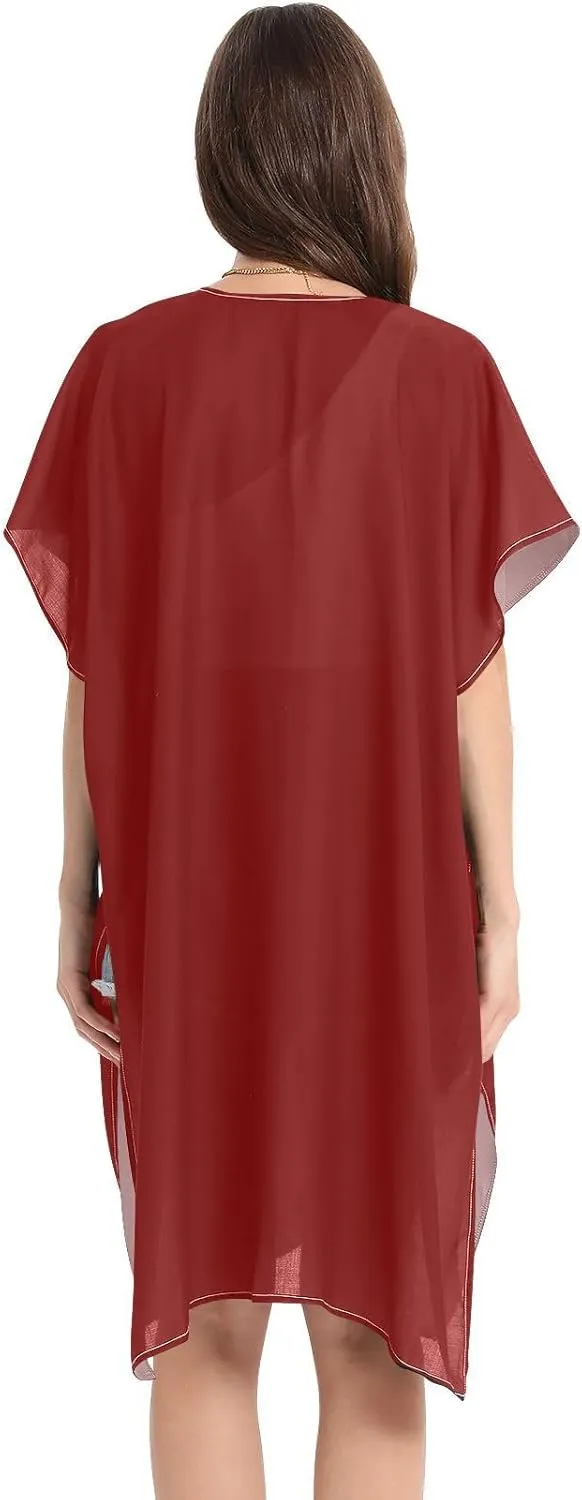 Joisal Swim Cover up for Women, Vacation Cover Ups for Women, Maroon Hawaiian Beach Bikini, Small