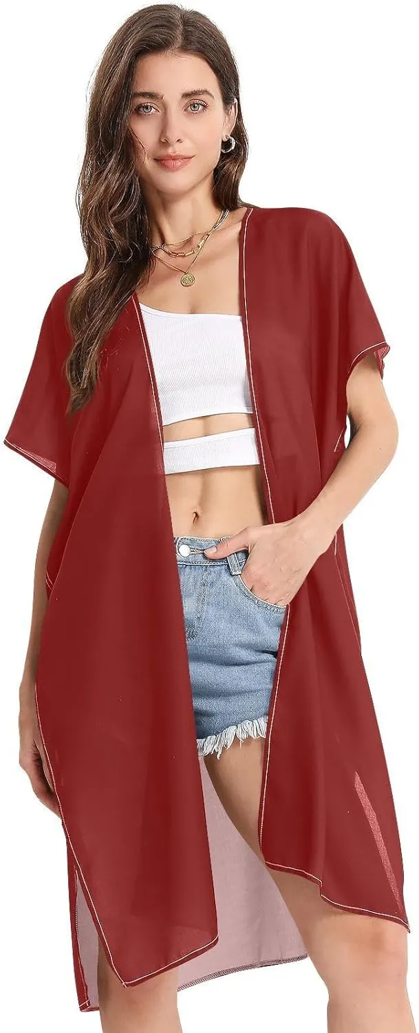 Joisal Swim Cover up for Women, Vacation Cover Ups for Women, Maroon Hawaiian Beach Bikini, Small