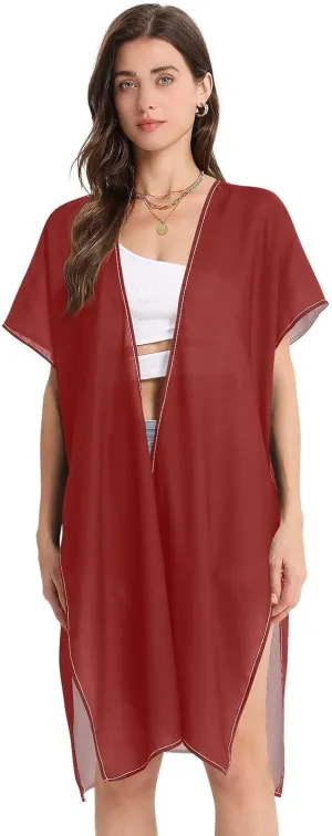 Joisal Swim Cover up for Women, Vacation Cover Ups for Women, Maroon Hawaiian Beach Bikini, Small