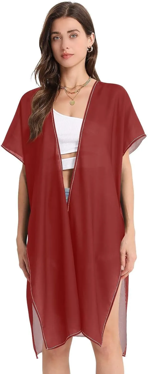 Joisal Swim Cover up for Women, Vacation Cover Ups for Women, Maroon Hawaiian Beach Bikini, Small